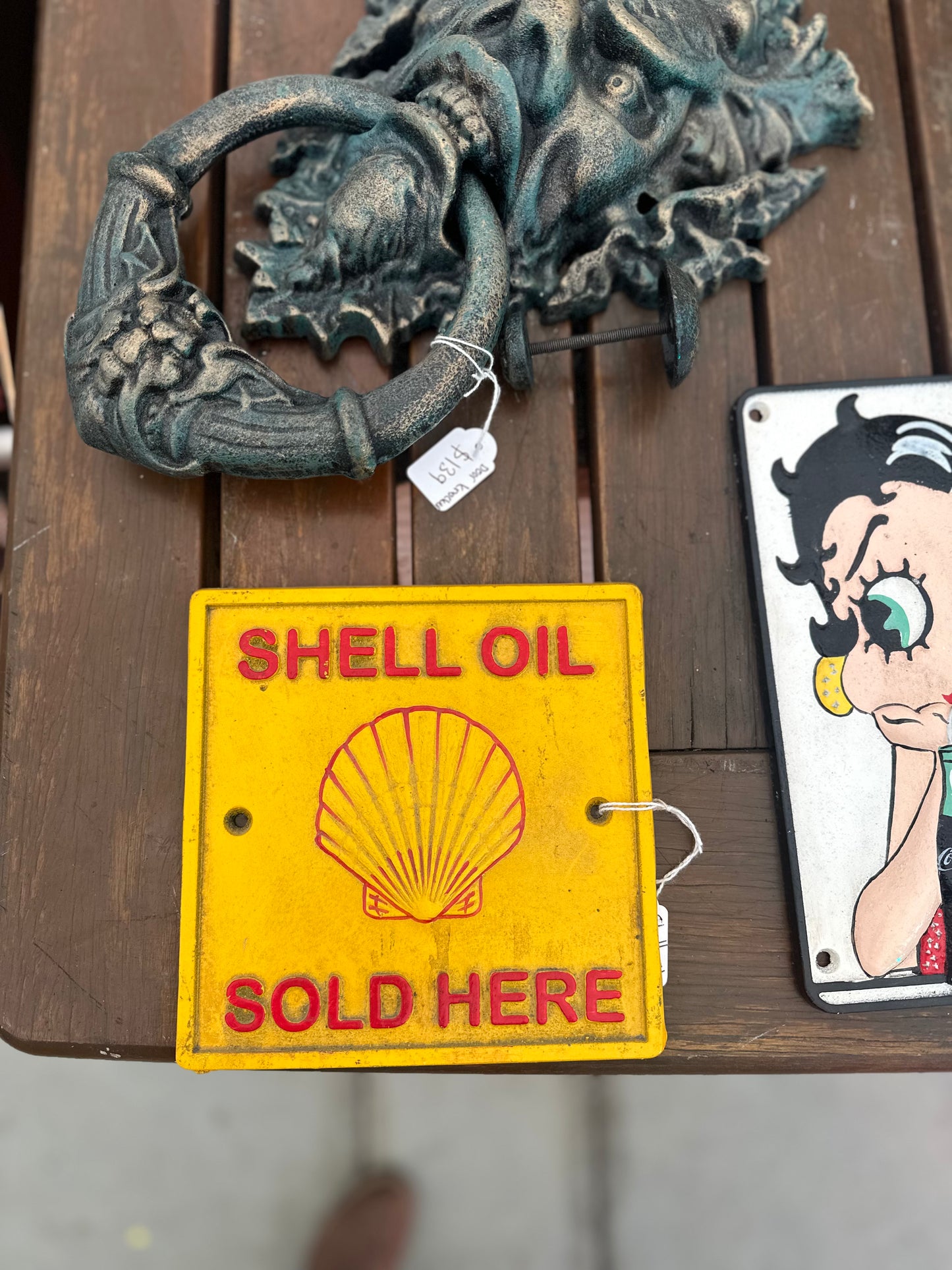 Vintage Style Shell Oil Sold Here Cast Iron Sign | Hand-Painted Retro Garagenalia Plaque