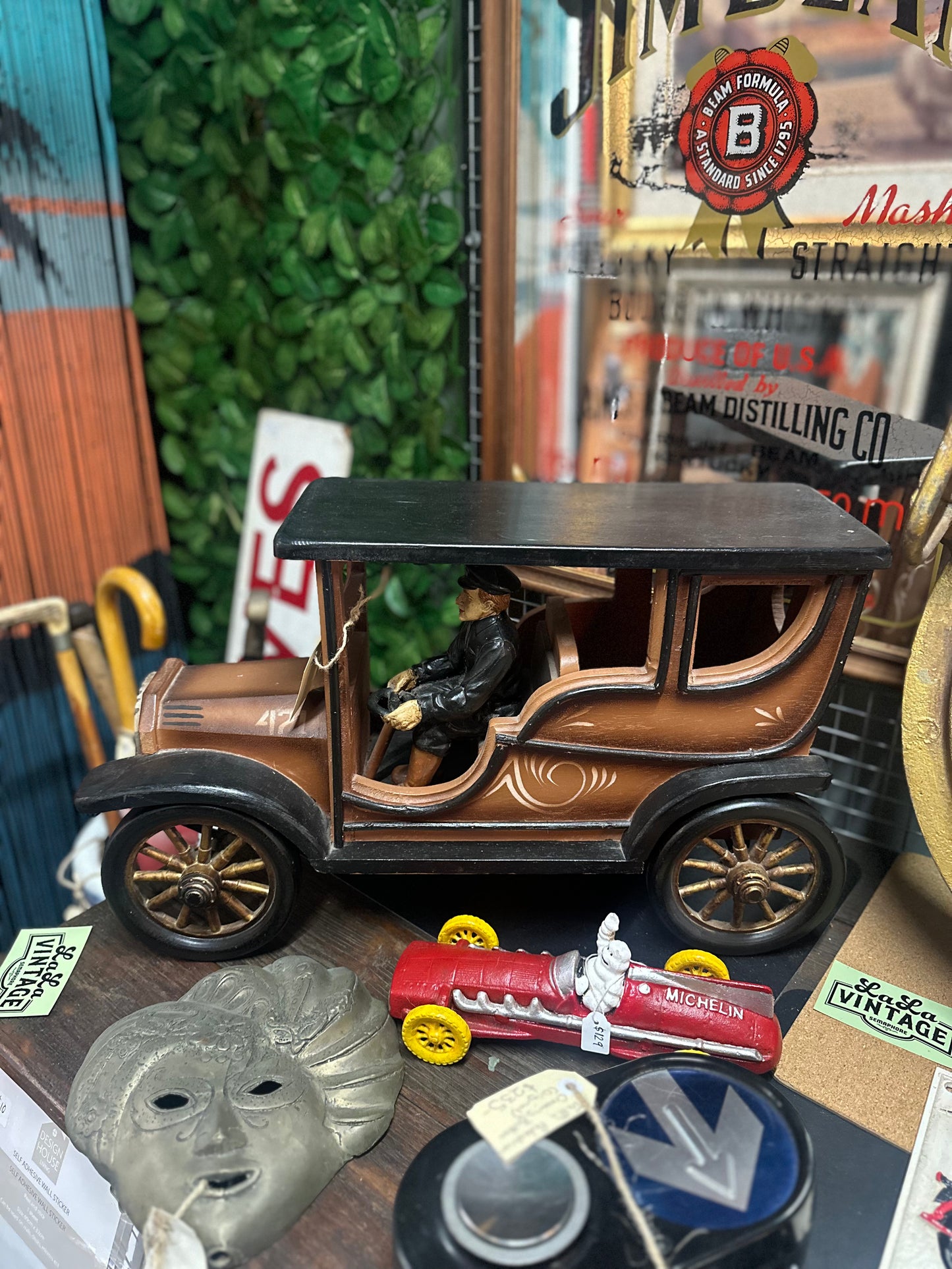 Vintage 1913 Touring Car Handcrafted Wooden Model with Driver