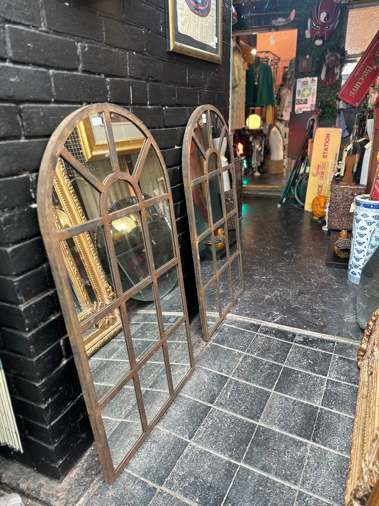 Vintage Industrial Wrought Iron Arched Window Mirror - 120cm x 65cm