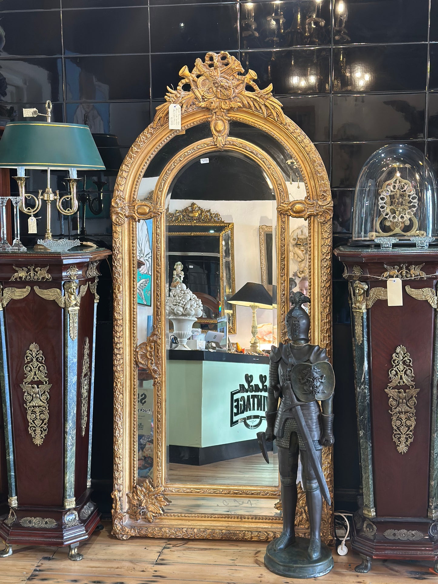 Large Ornate Gilt French Style Arch Mirror with Musical Trophy Crest & Bevelled Edge | 213cm x 99cm