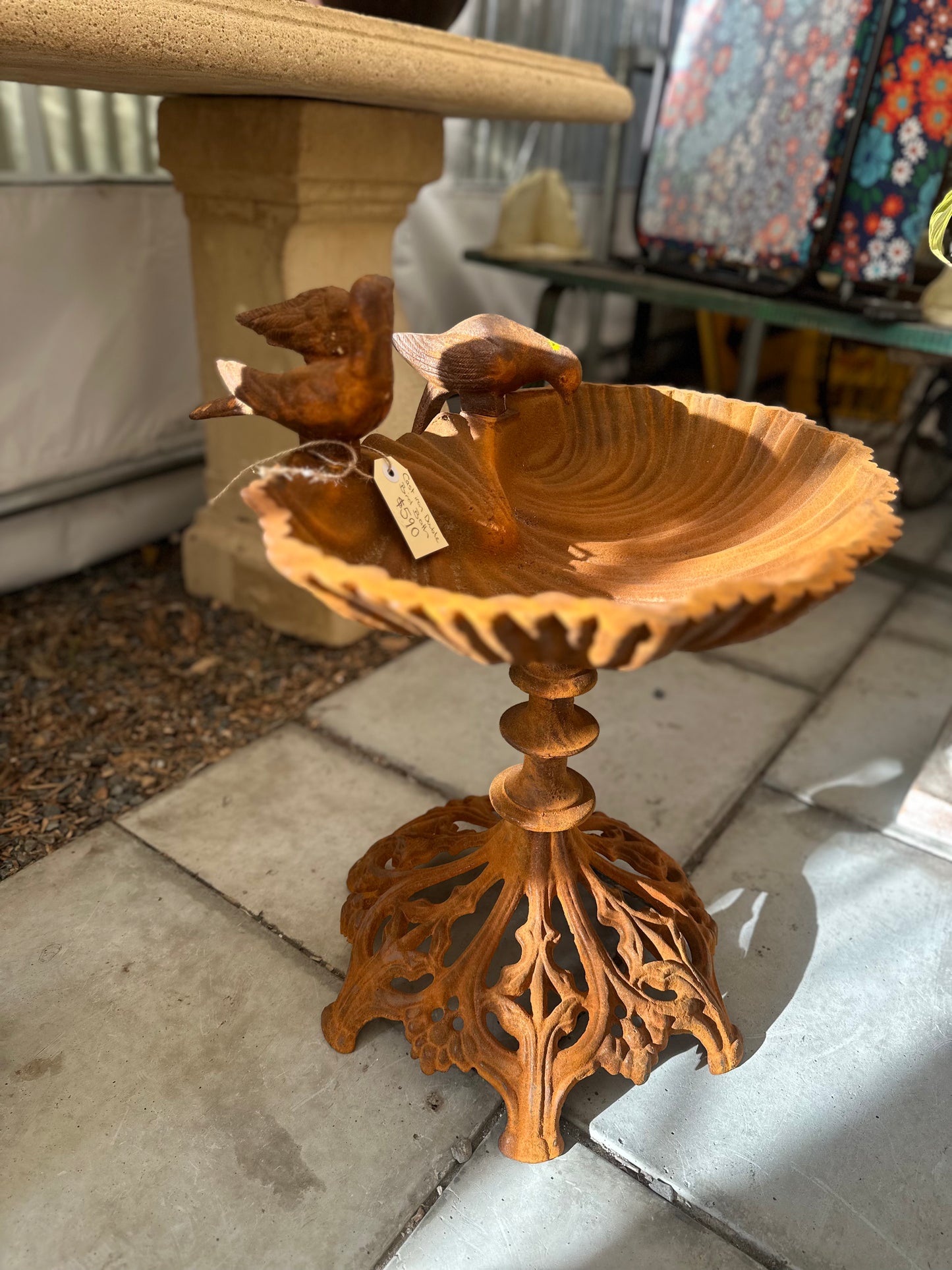 Vintage Style Cast Iron Double Bird Bath | Ornate Scallop Shell Garden Feeder