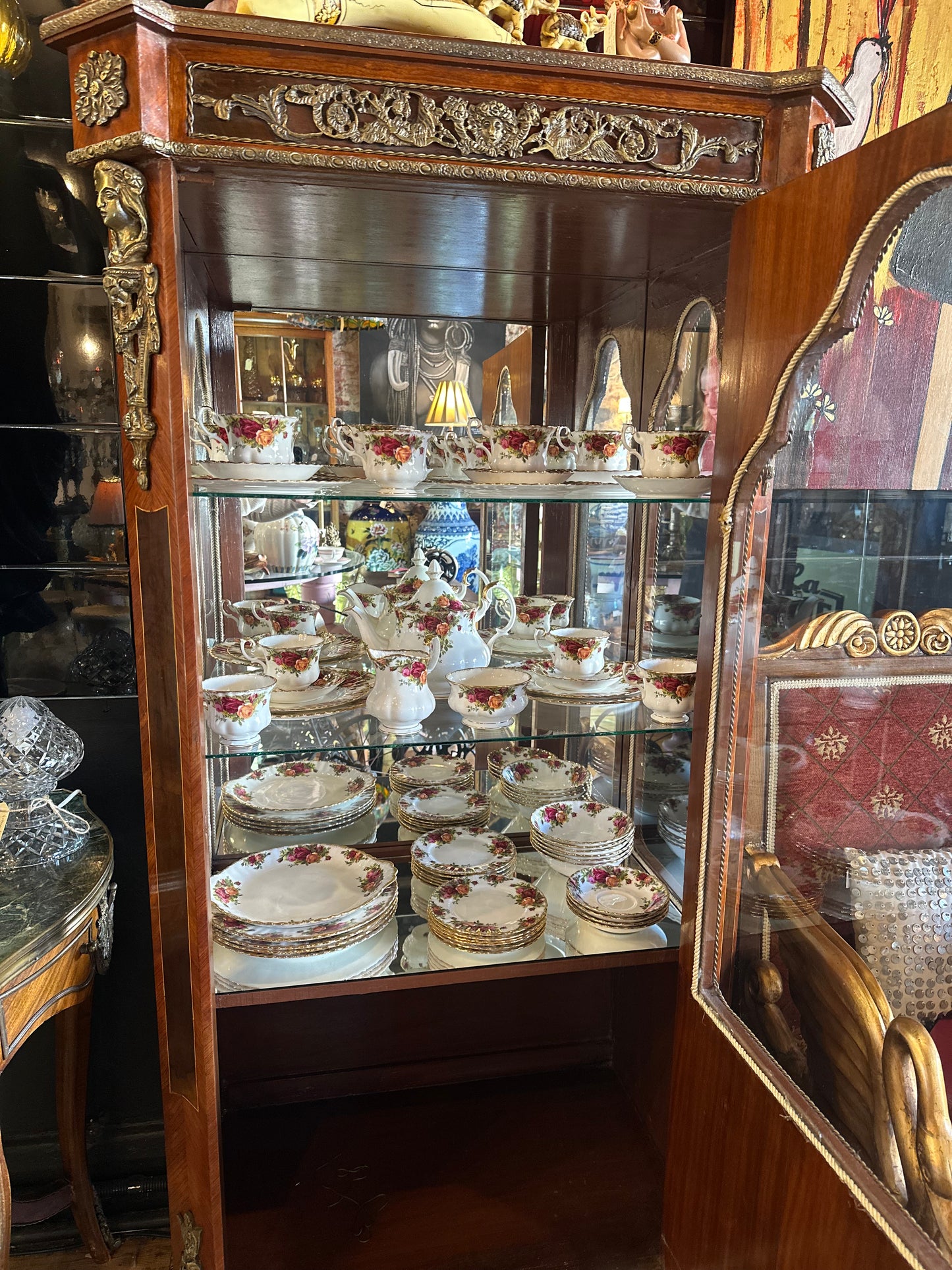 Vintage French Louis XVI Style Walnut Vitrine Cabinet | Ormolu Display Curio