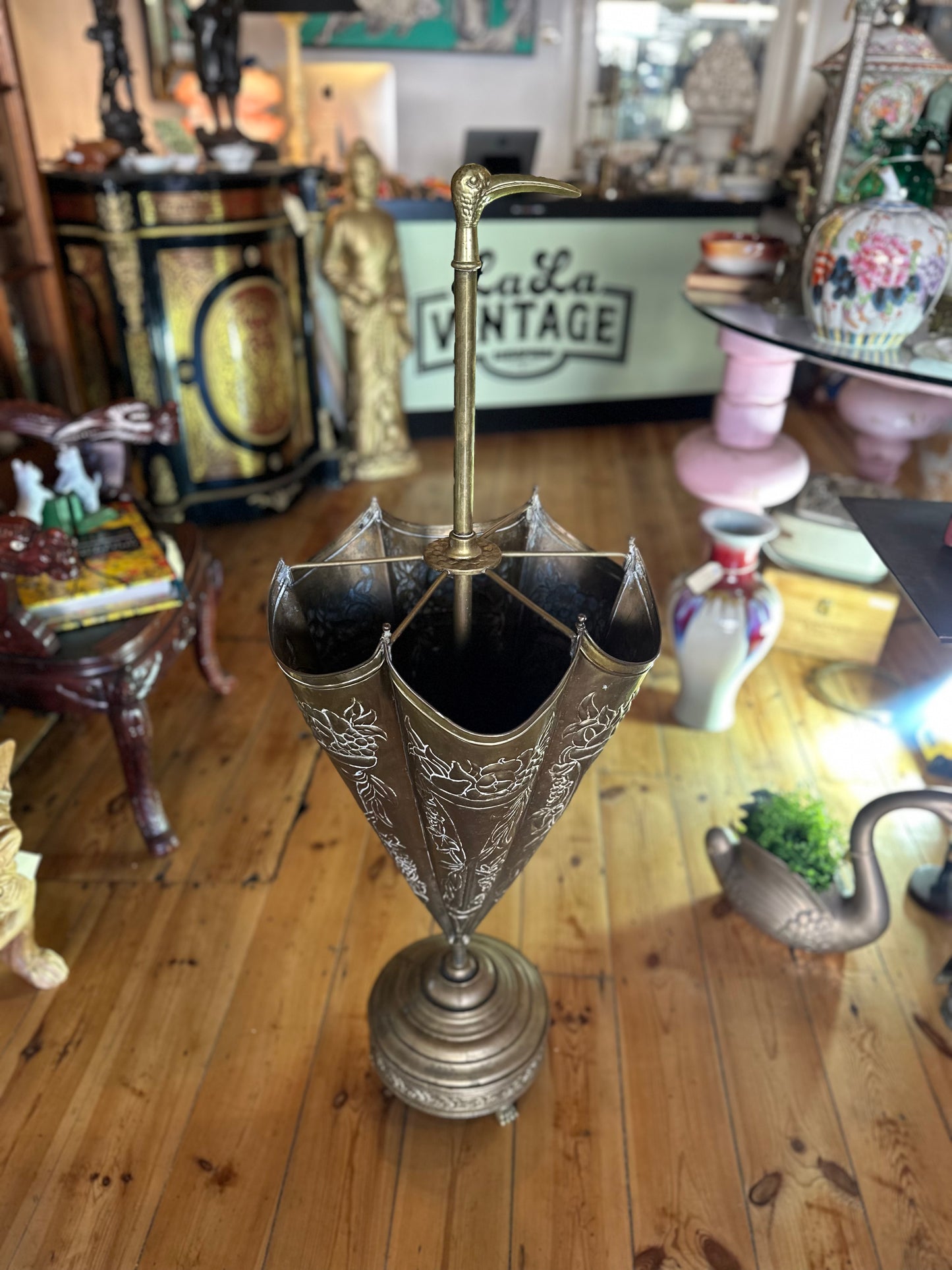 Vintage Embossed Brass Umbrella-Shaped Umbrella Stand | Hollywood Regency Crane Bird Handle