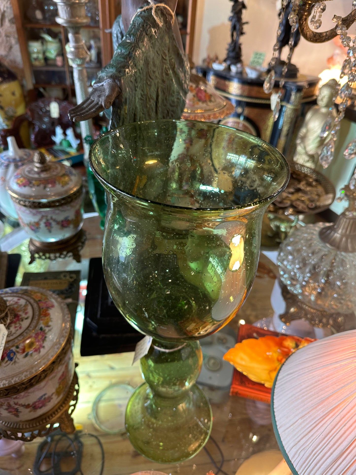 Vintage Murano Style Green Bubble Glass Hurricane Vase & Candle Holder | Hand-Blown Art Glass Pedestal Centrepiece
