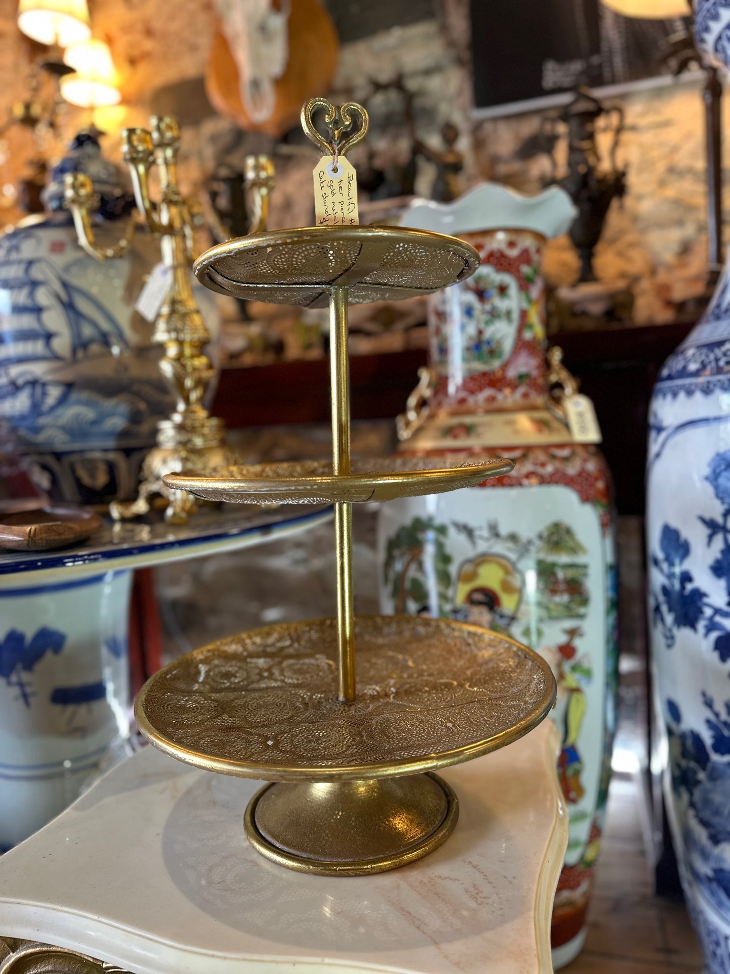 Hollywood Regency Style 3-Tier Pierced Gold Metal Cake Stand