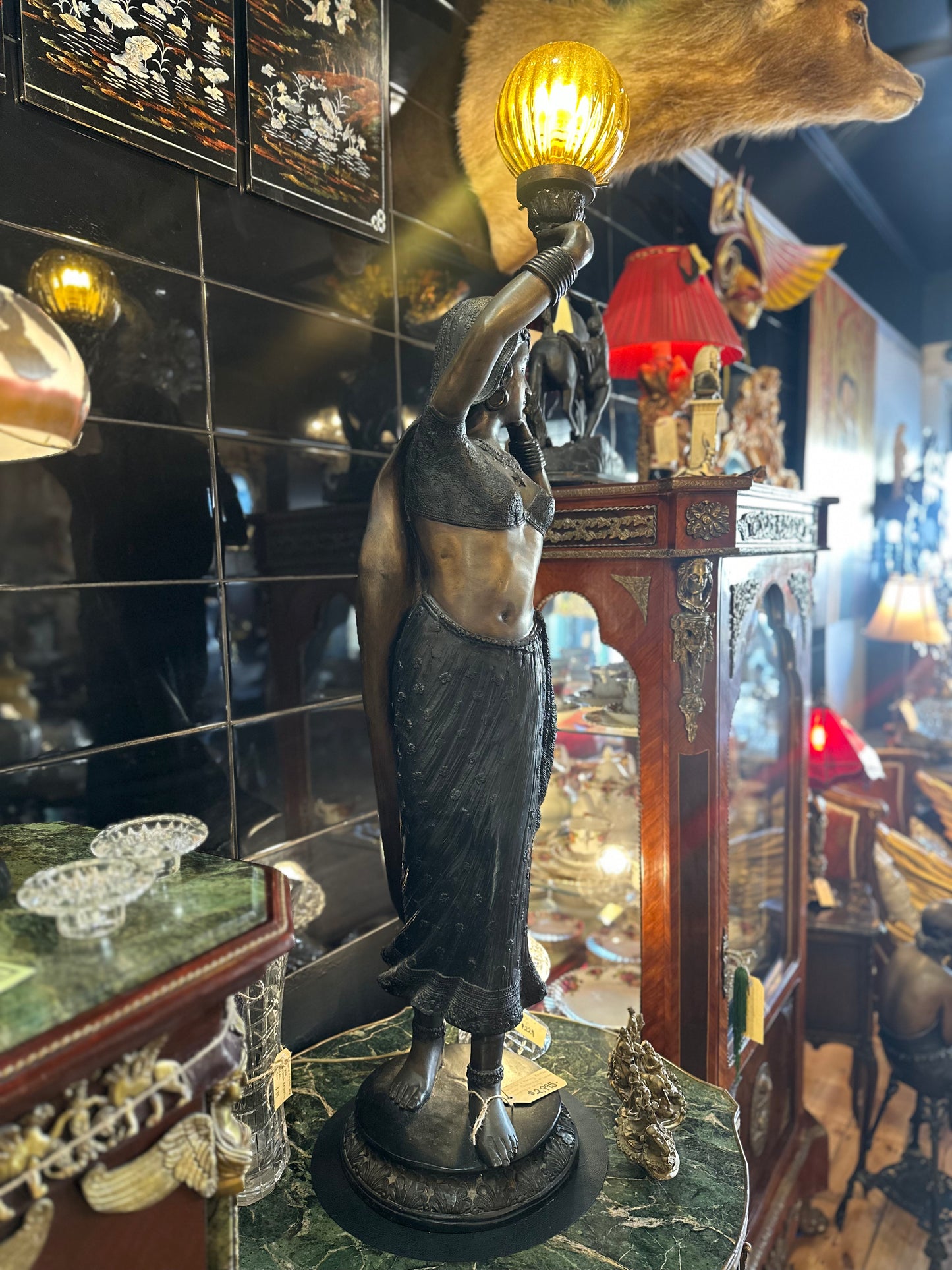 Vintage Art Deco Bronze Indian Maiden Torch Lamp | Rare Temple Dancer Statue Light with Amber Glass Globe