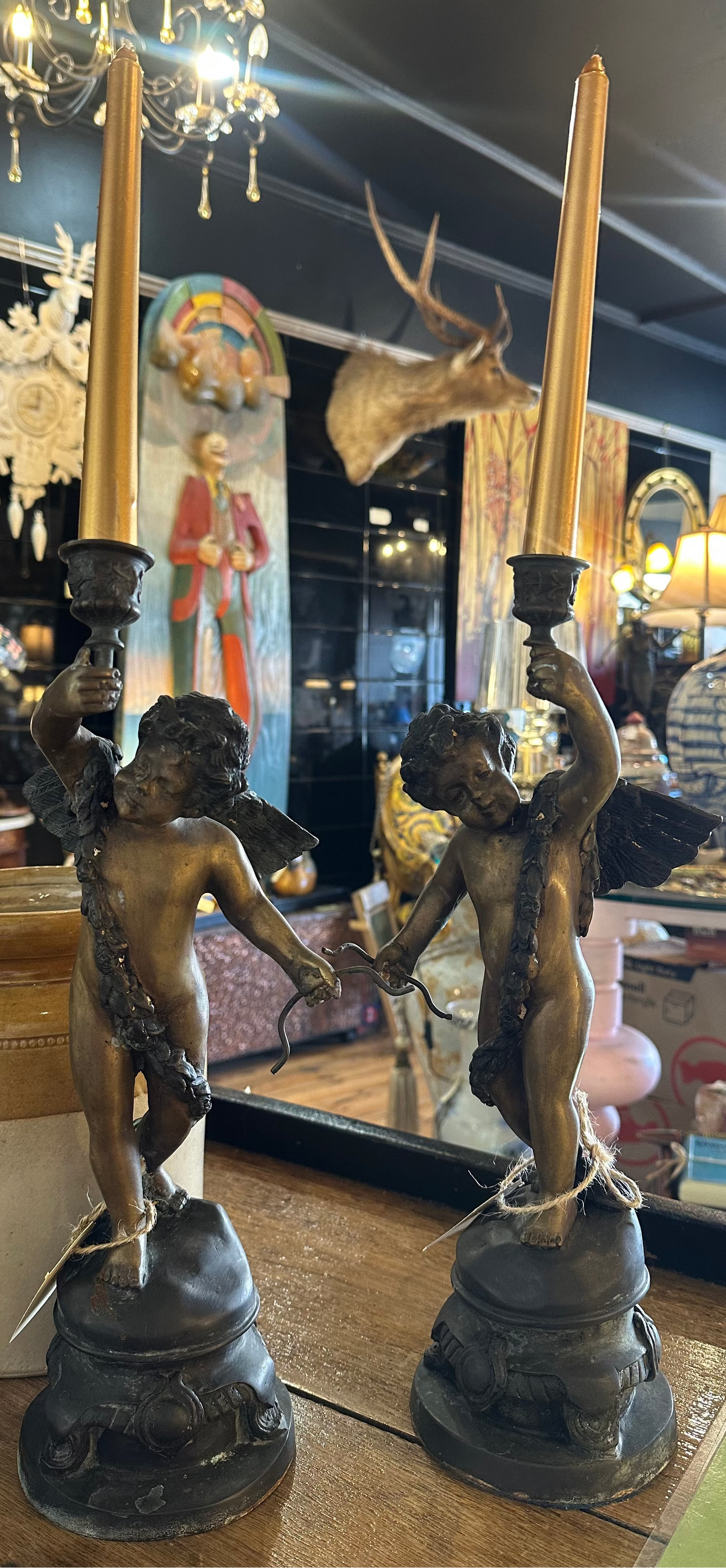 Antique French Style Bronze Cherub Candlestick Holders - Pair of Patinated Bronze Putti Figures