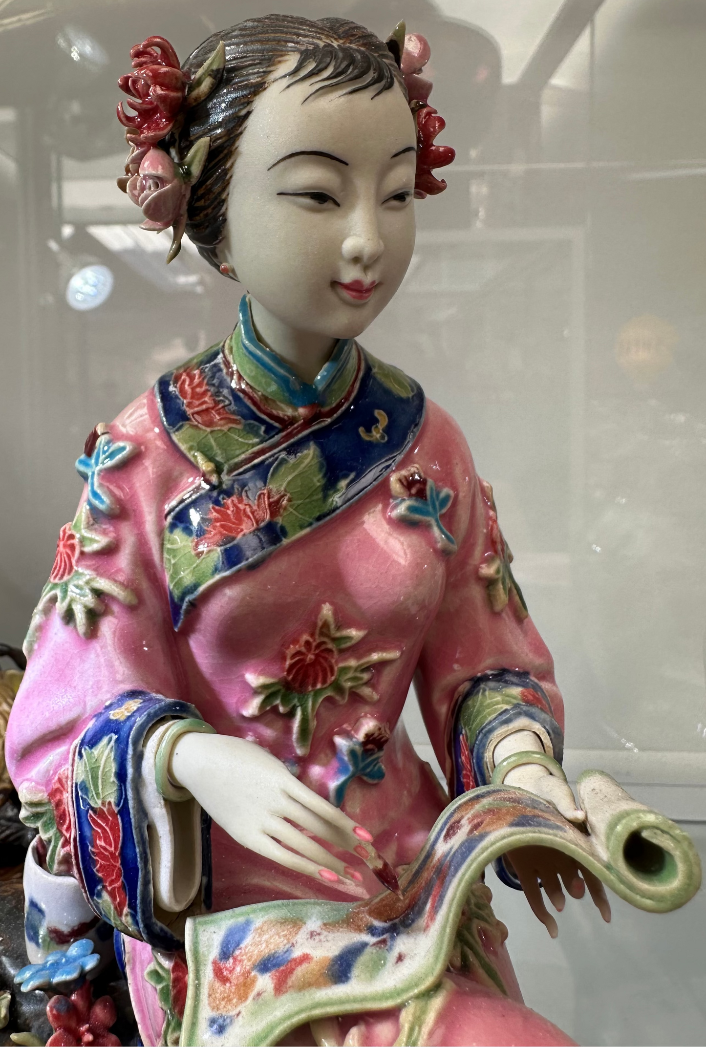 Vintage Chinese Famille Rose Porcelain Lady Figurine | Hand-Painted Scholar Woman with Scroll