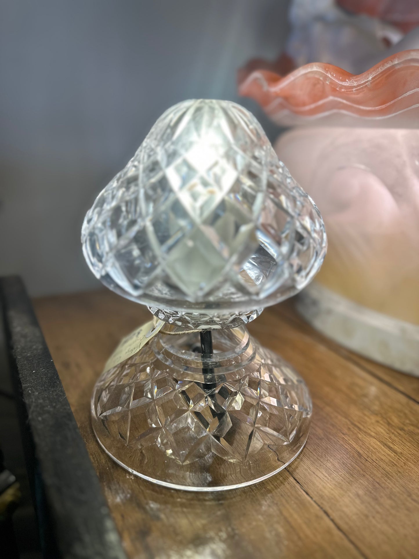 Vintage Lead Crystal Mushroom Table Lamp | Hand-Cut Diamond Pattern | Hollywood Regency Glass Lighting
