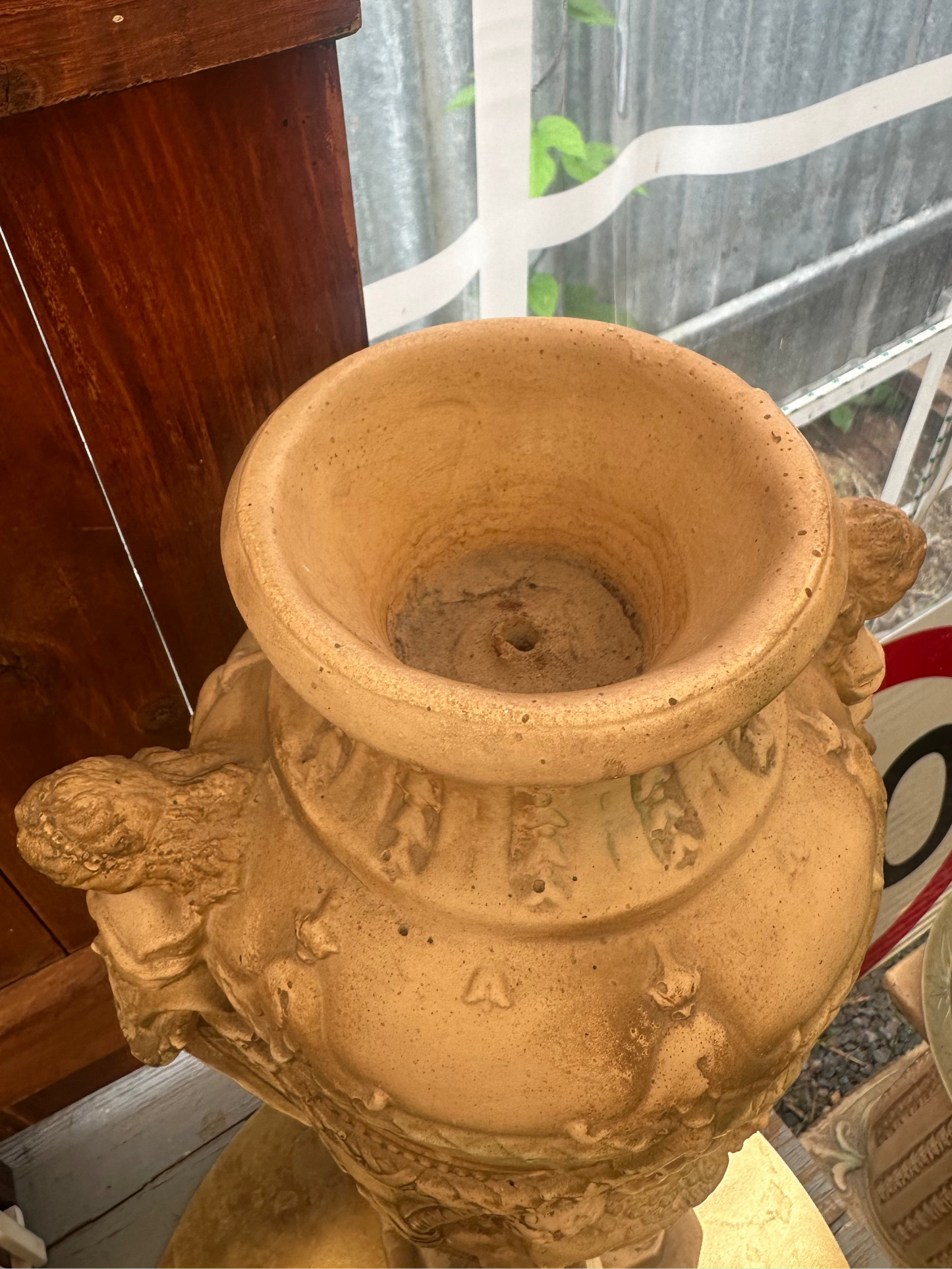 Vintage Neoclassical Terracotta Garden Urn with Pedestal Stand - Cherub Relief & Maiden Handles - Ornate Classical