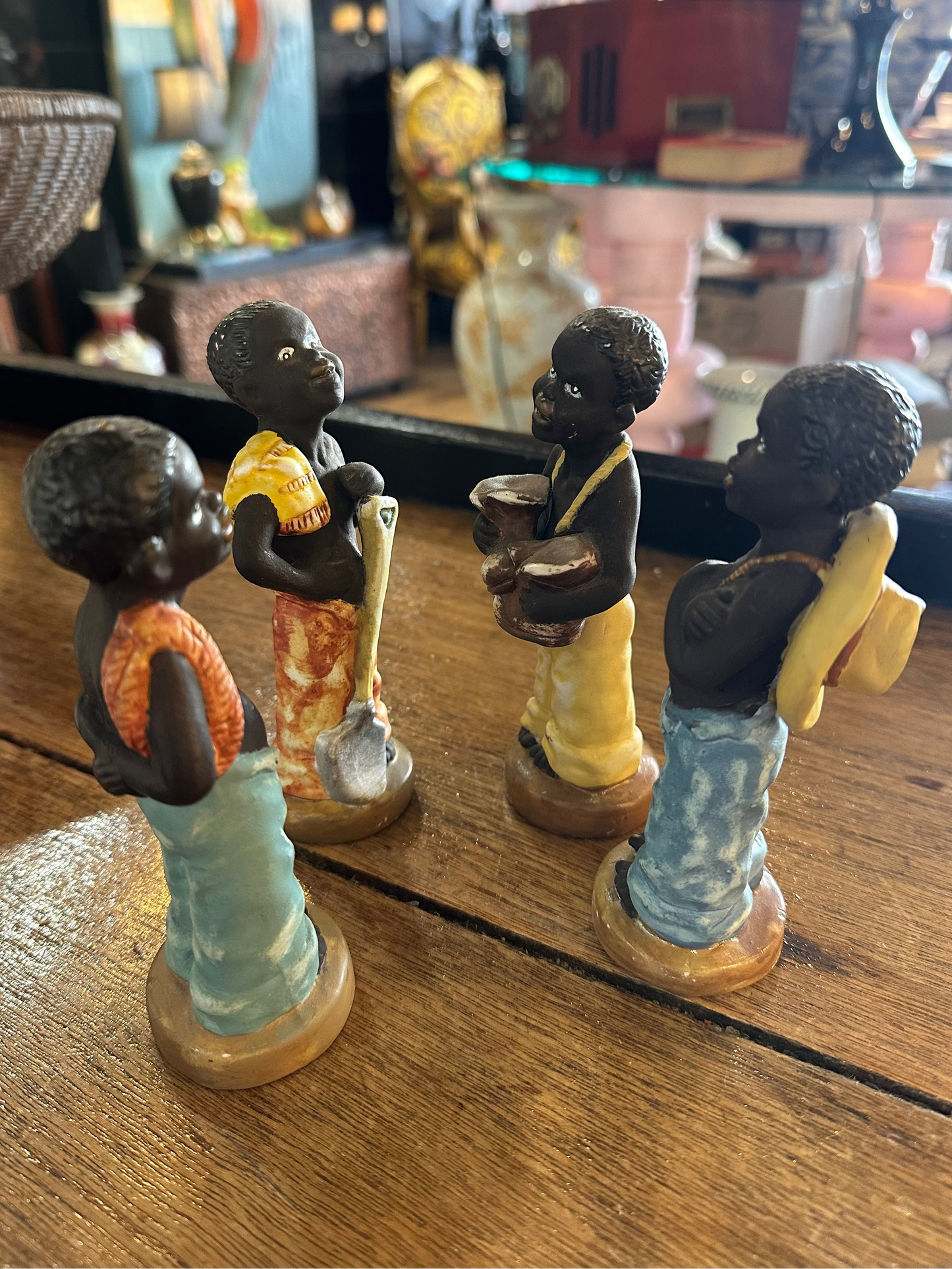 Rare Set of 4 Vintage Mid-Century Figurines | Hand-Painted Cold Painted Clay Statuettes | 1950s Black Americana Collectibles