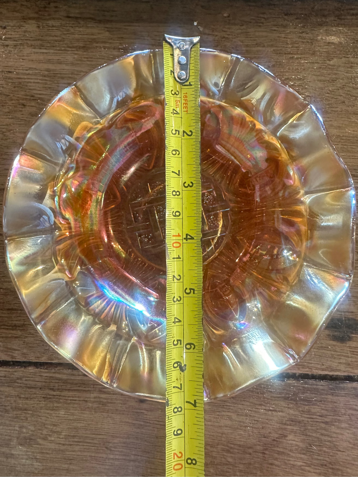 Vintage Marigold Carnival Glass Ruffled Bowl - Iridescent Basketweave Pattern - 7 Inch