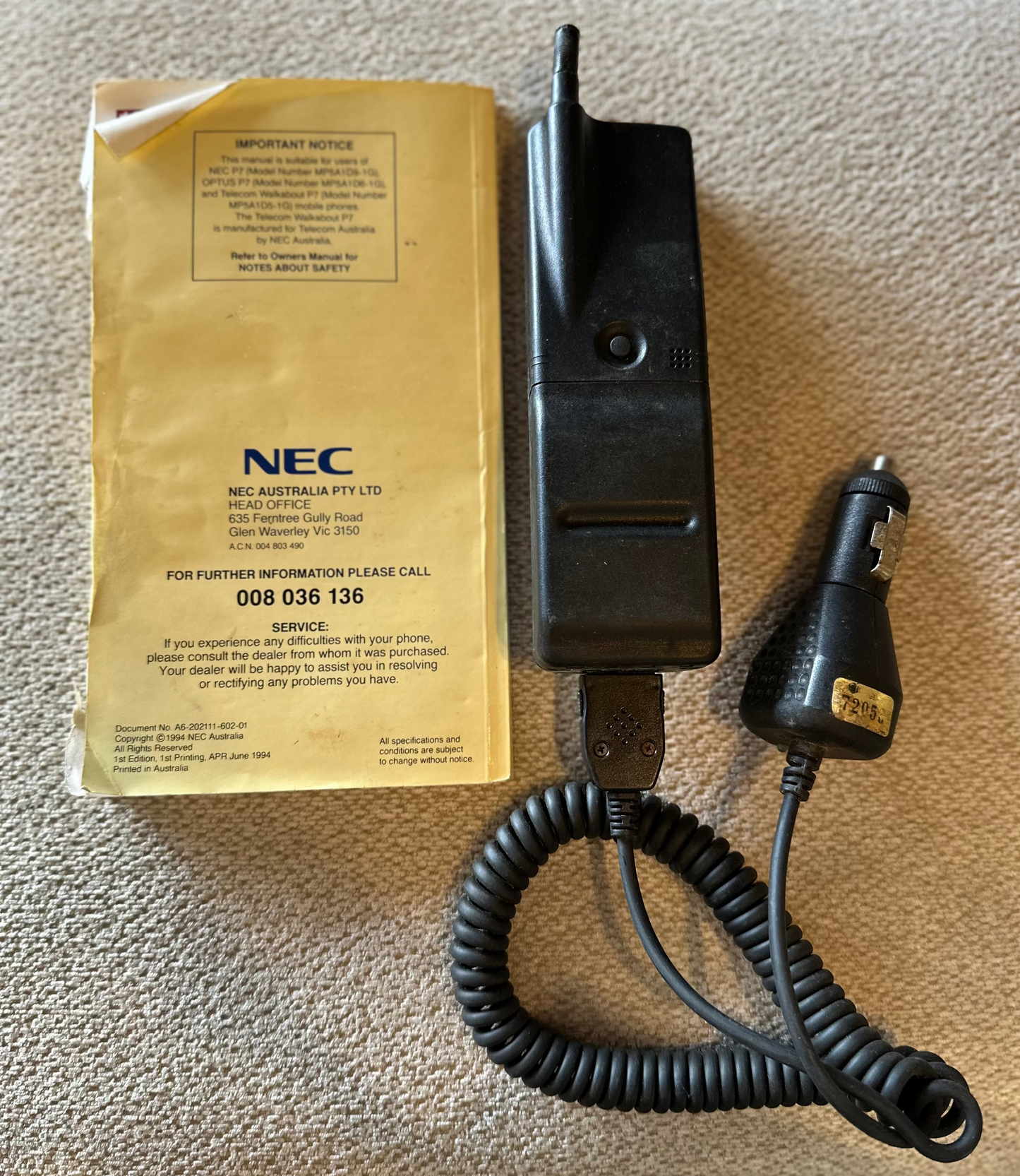 Vintage NEC P7 Mobile Phone 1990s Retro Brick Cell Phone with Original Manual & Car Charger | Collector’s Item