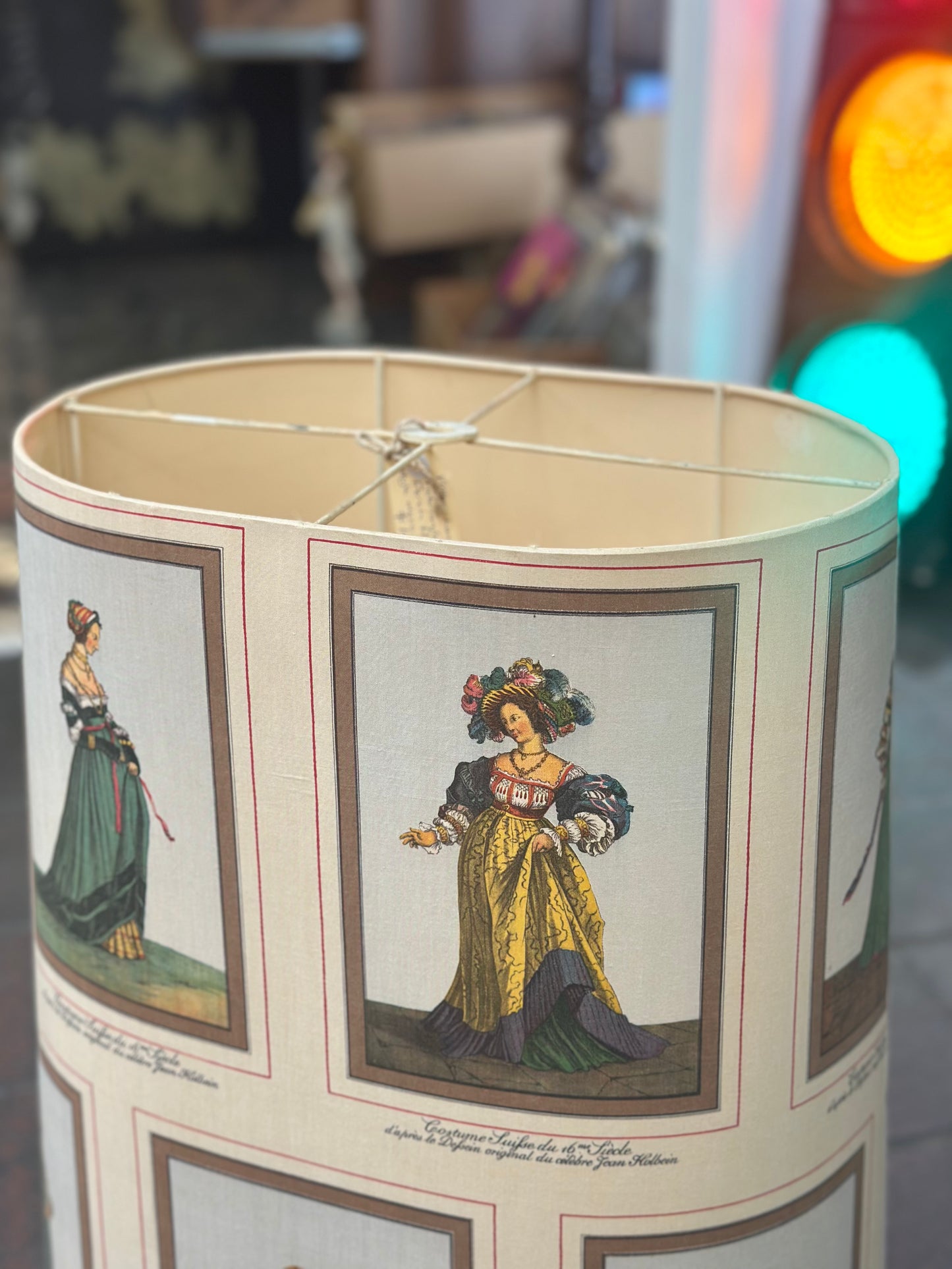 Vintage Mid-Century Lampshade - French "Costume Suisse" Historical Prints - Large Oval Drum Shade