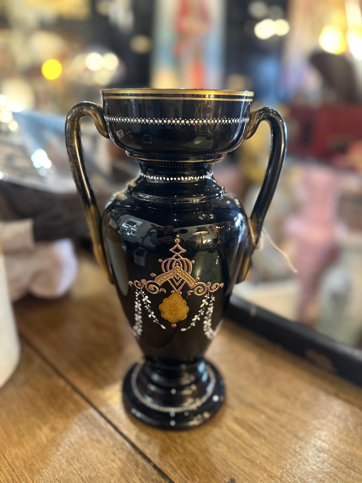 Antique 32cm Victorian Black Hyalith Glass Urn Vase – Hand-Painted Enamel Florals & Gilt – Bohemian Art Glass