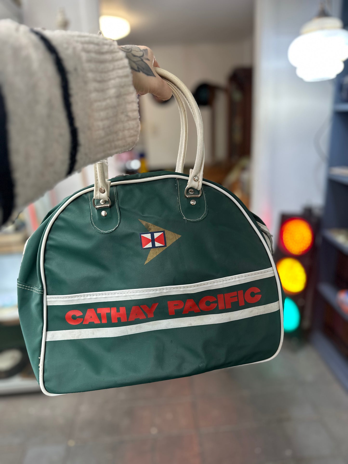 Vintage 1970s Cathay Pacific Airline Flight Bag - Retro Green Bowling Style Cabin Bag