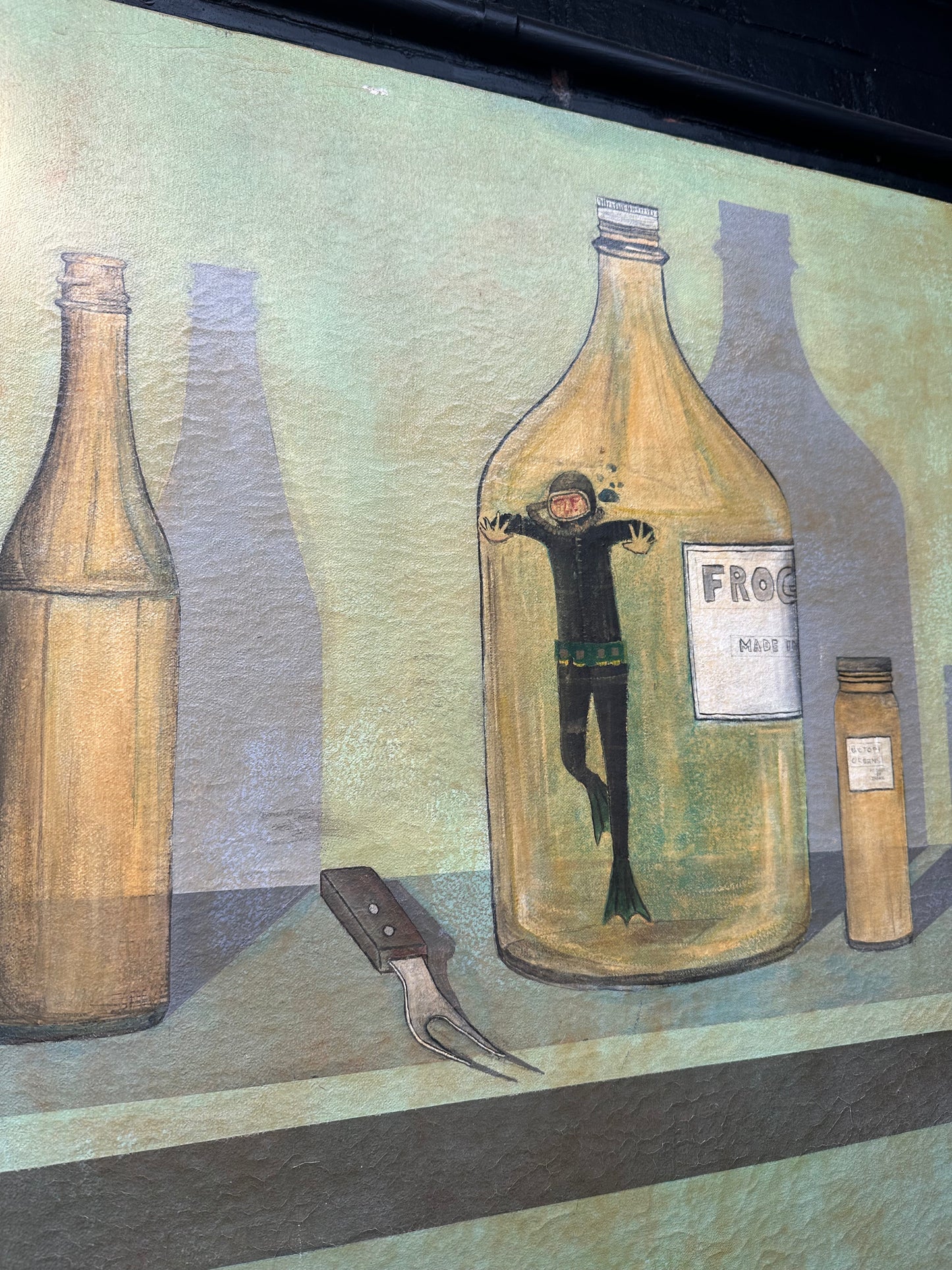Vintage 1974 Surreal Frog Still Life Painting “Dubious Delicacy” – Signed J.M. Berdar Large Canvas Artwork