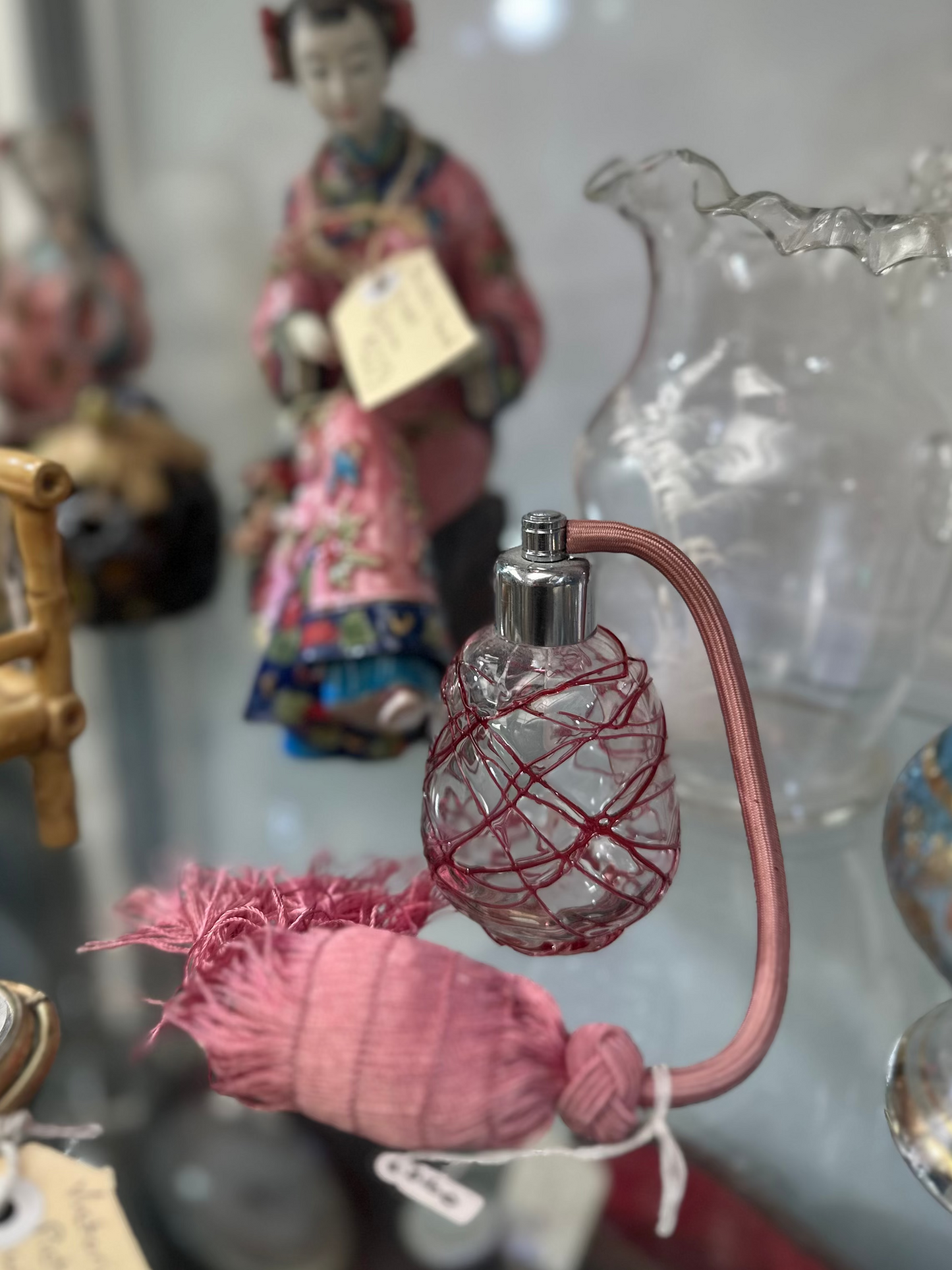 Vintage Pink & Red Lattice Glass Perfume Atomizer | Mid-Century Art Glass Scent Bottle with Tassel