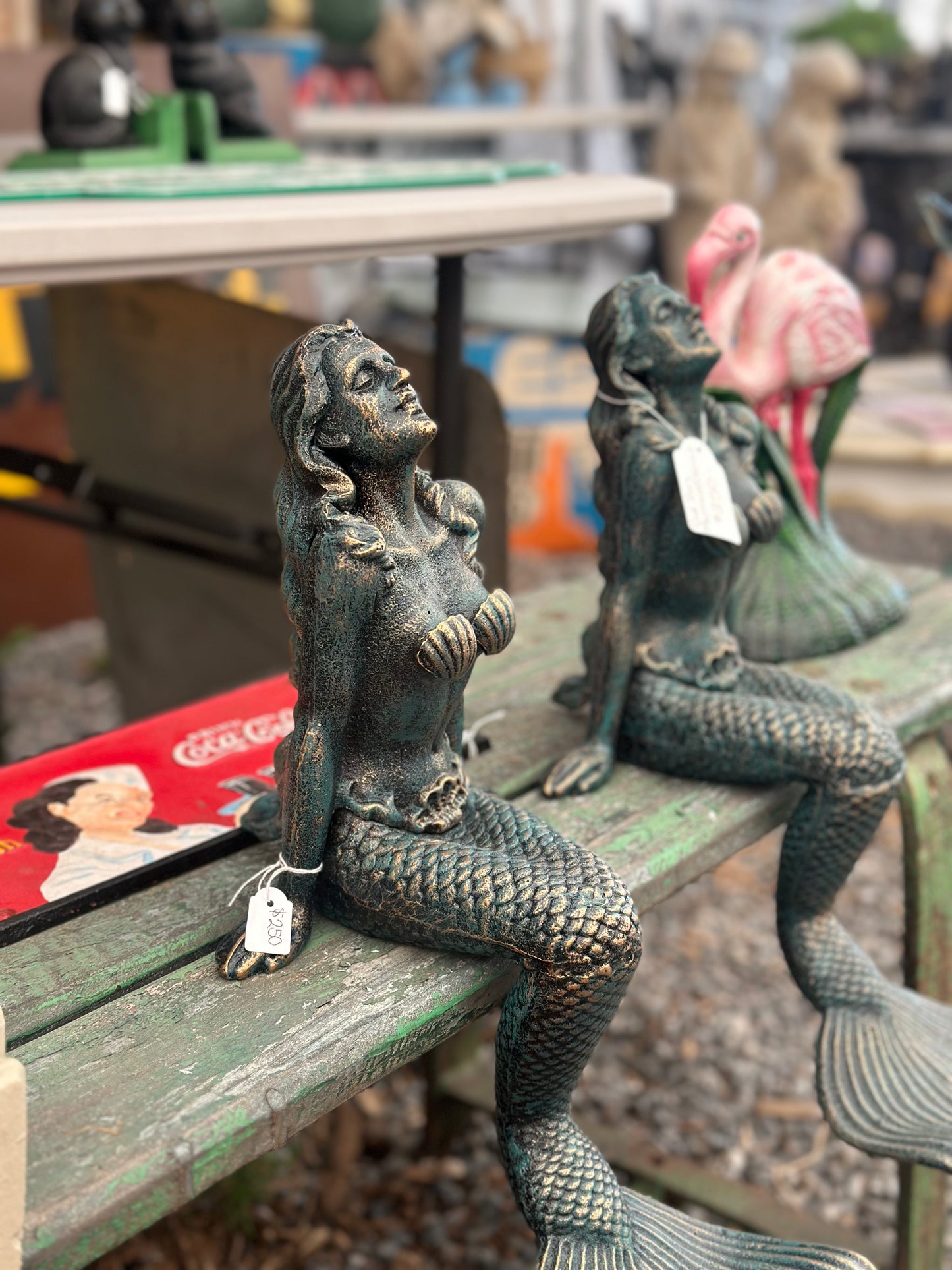 Vintage Style Cast Iron Mermaid Statue - Verdigris Garden Sculpture Shelf Sitter