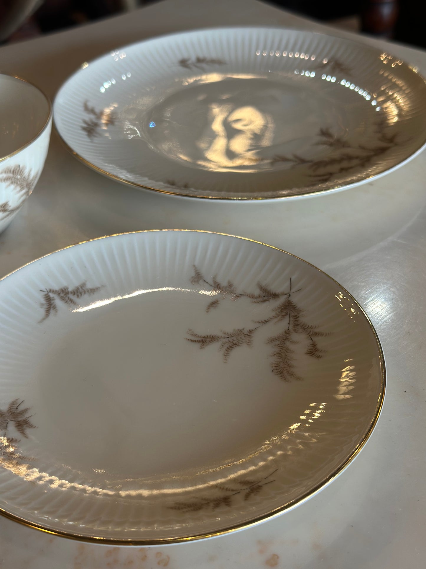 Vintage Thomas Germany Rosenthal Porcelain Tea Set - Ribbed White & Gold Pine Pattern - 6 Person