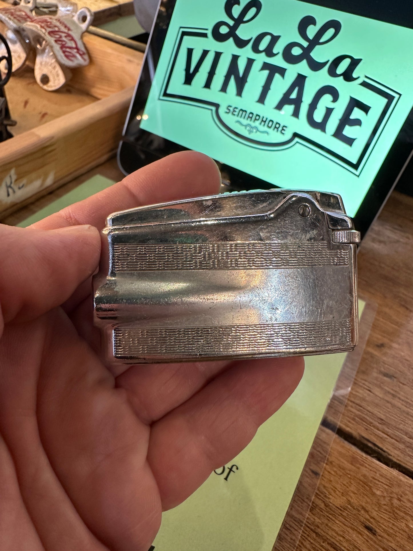 Vintage Ronson Varaflame butane lighter, displayed in its original presentation case.