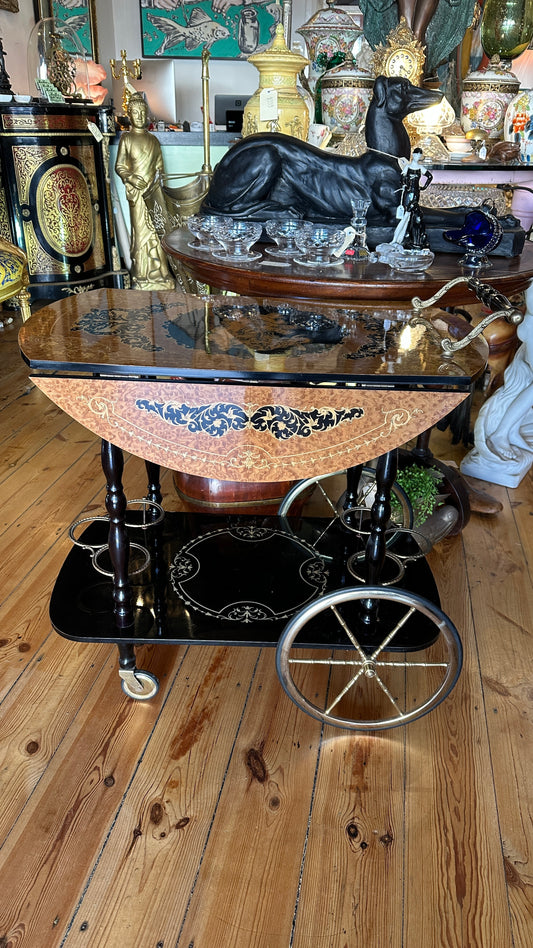 Vintage Italian Bar Cart features intricate marquetry timber inlay work and brass hardware