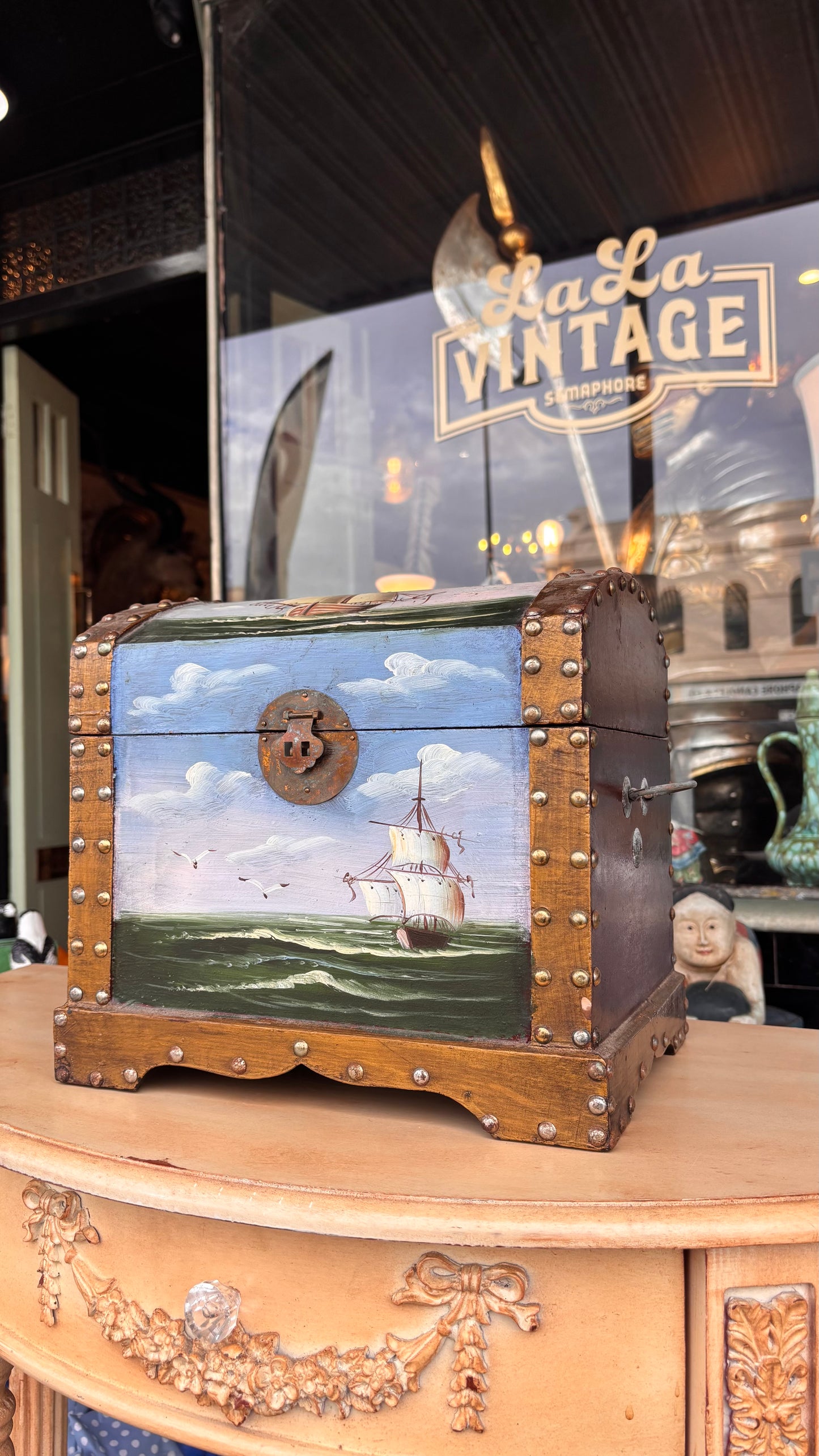 Mid-Century Hand-Painted Nautical Treasure Chest – Folk Art Style (c. 1960s–1980s)