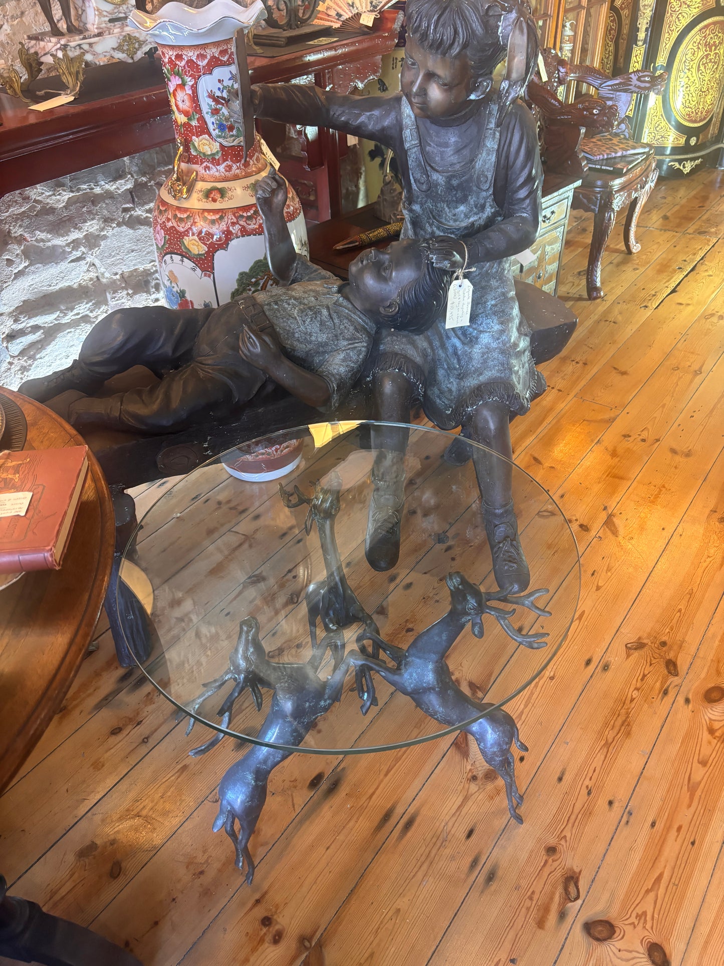 Vintage Bronze Deer Coffee Table with Circular Glass Top | Sculptural Animal Base | Mid-Century Style | 60cm