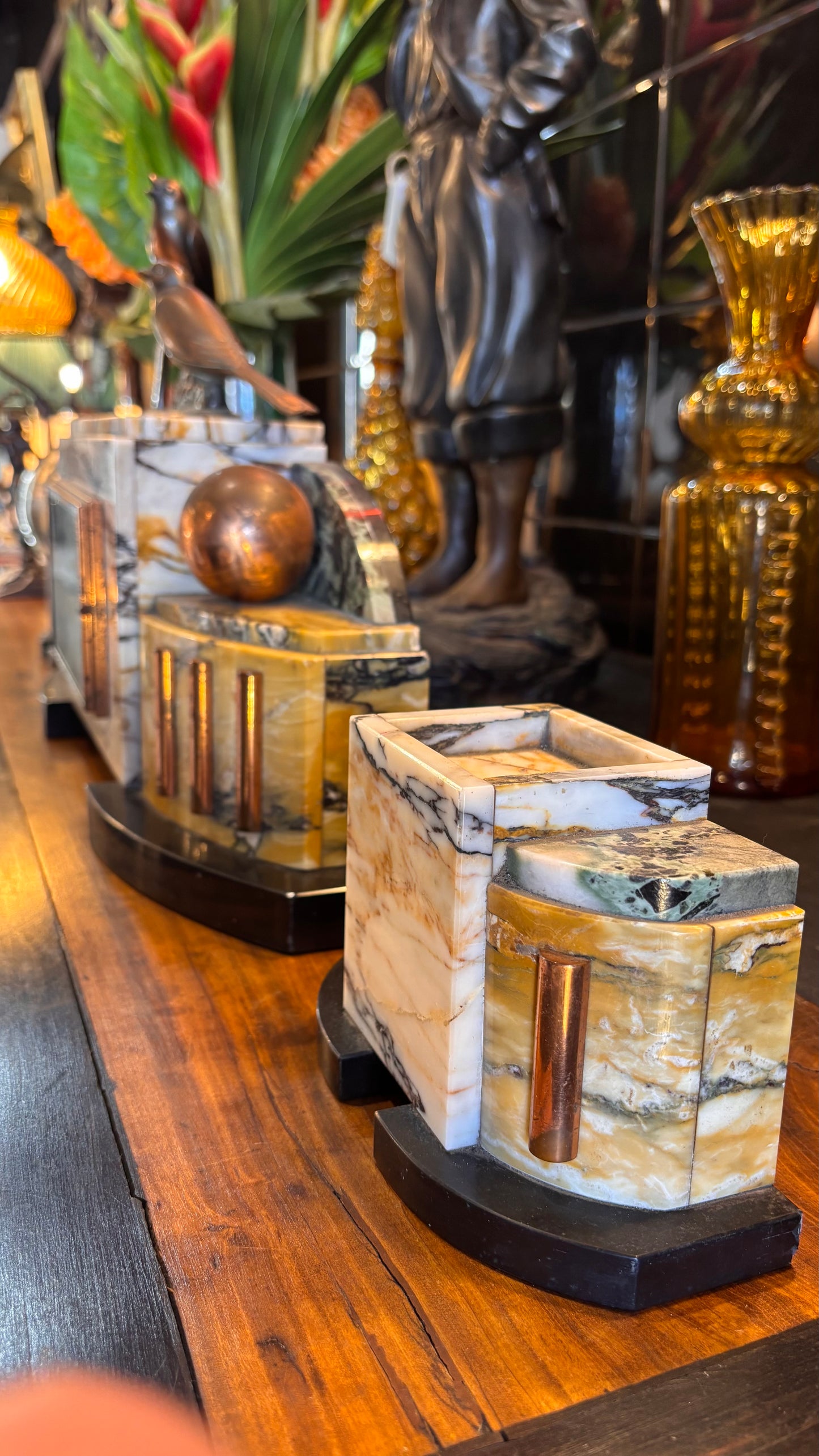 1930s French Art Deco Marble Clock Garniture Set with Patinated Bird Sculptures