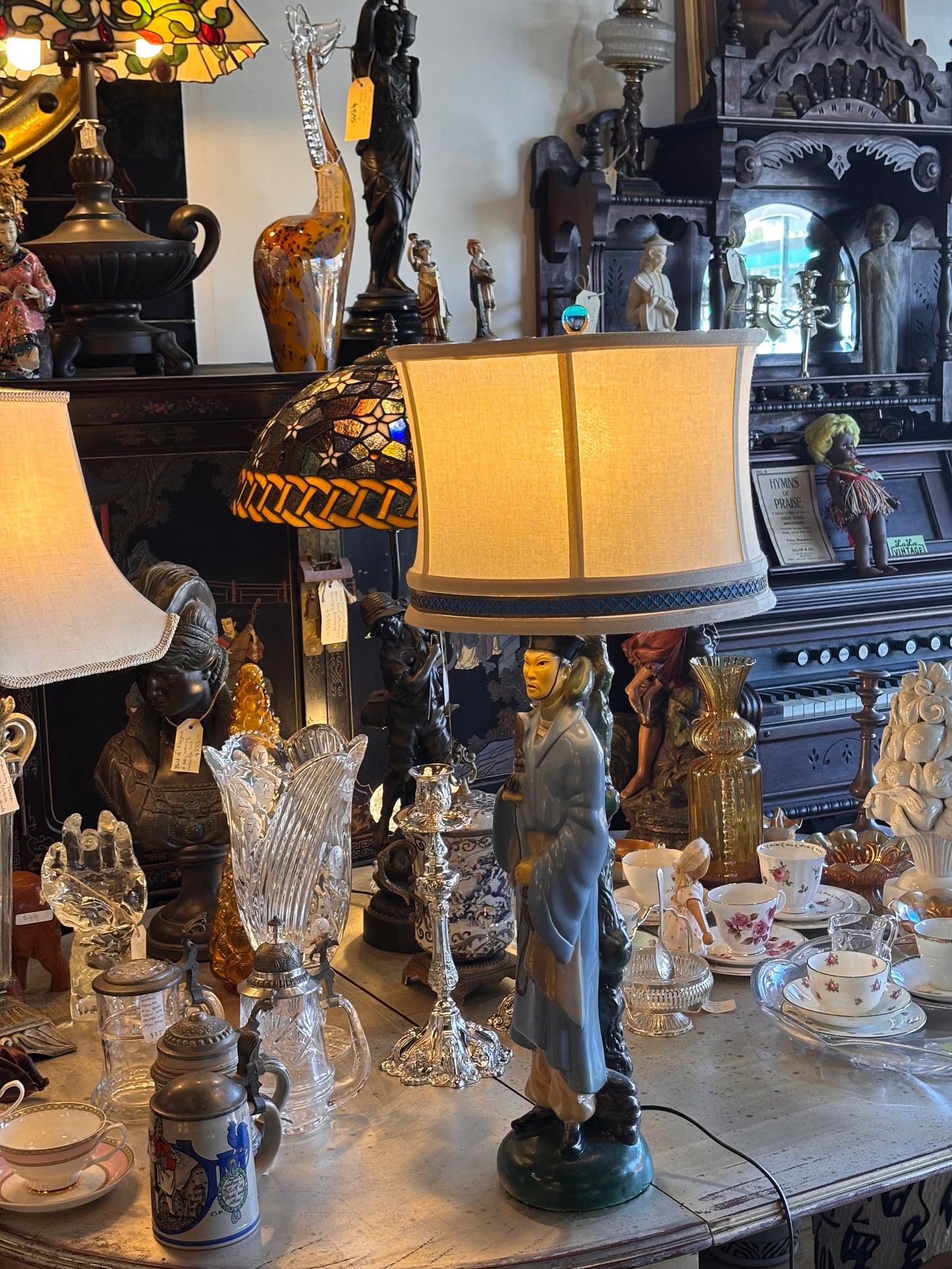 Mid-Century Asian Figural Lamp with Custom Blue Shade – 1950s Orientalist Decor (80cm)