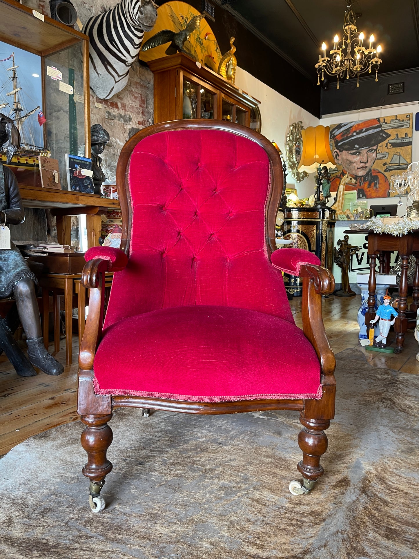 Victorian-Style Ruby Red Upholstered Armchair with Castor Wheels