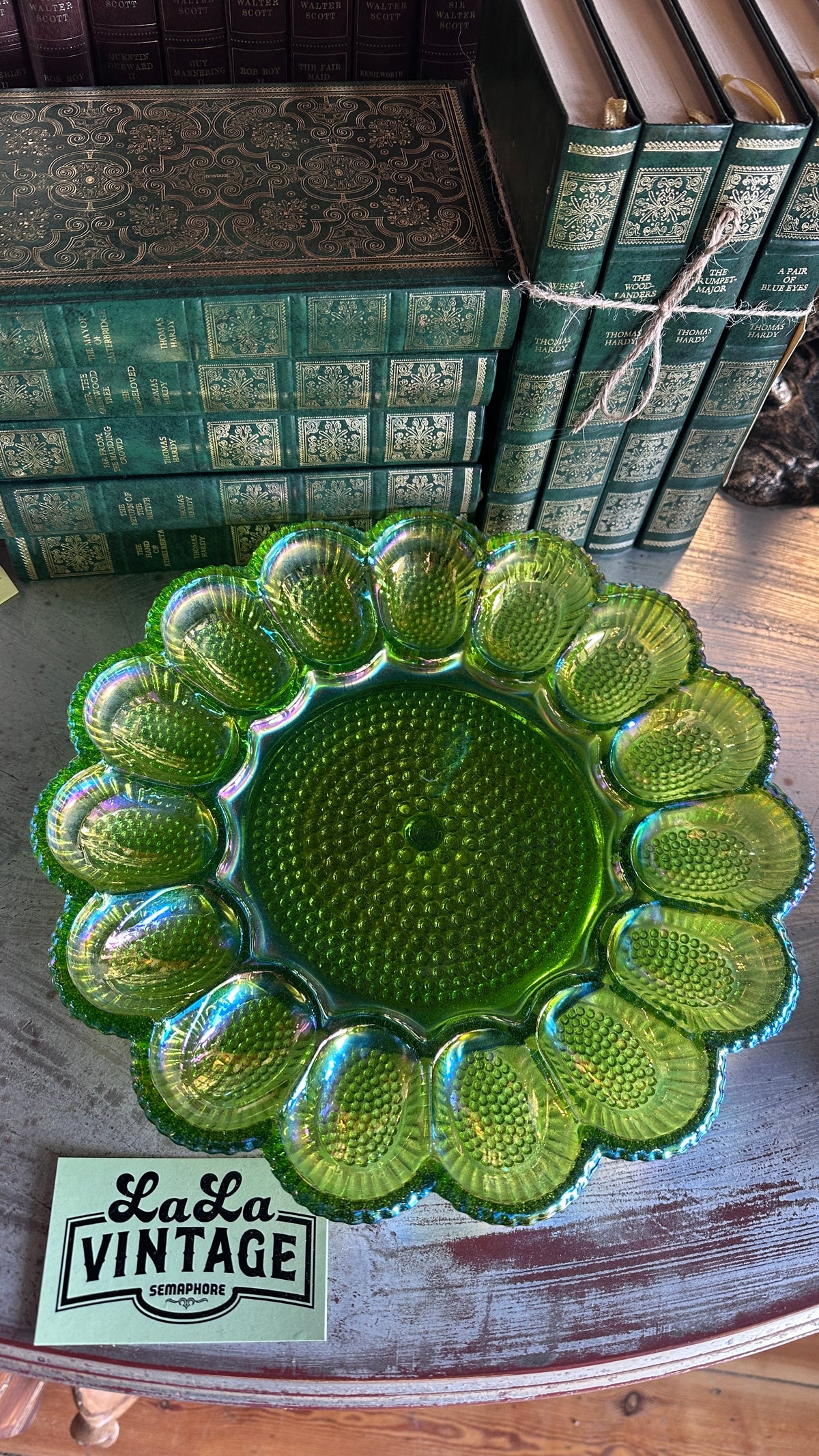 Indiana Glass Carnival Green Hobnail Deviled Egg Plate