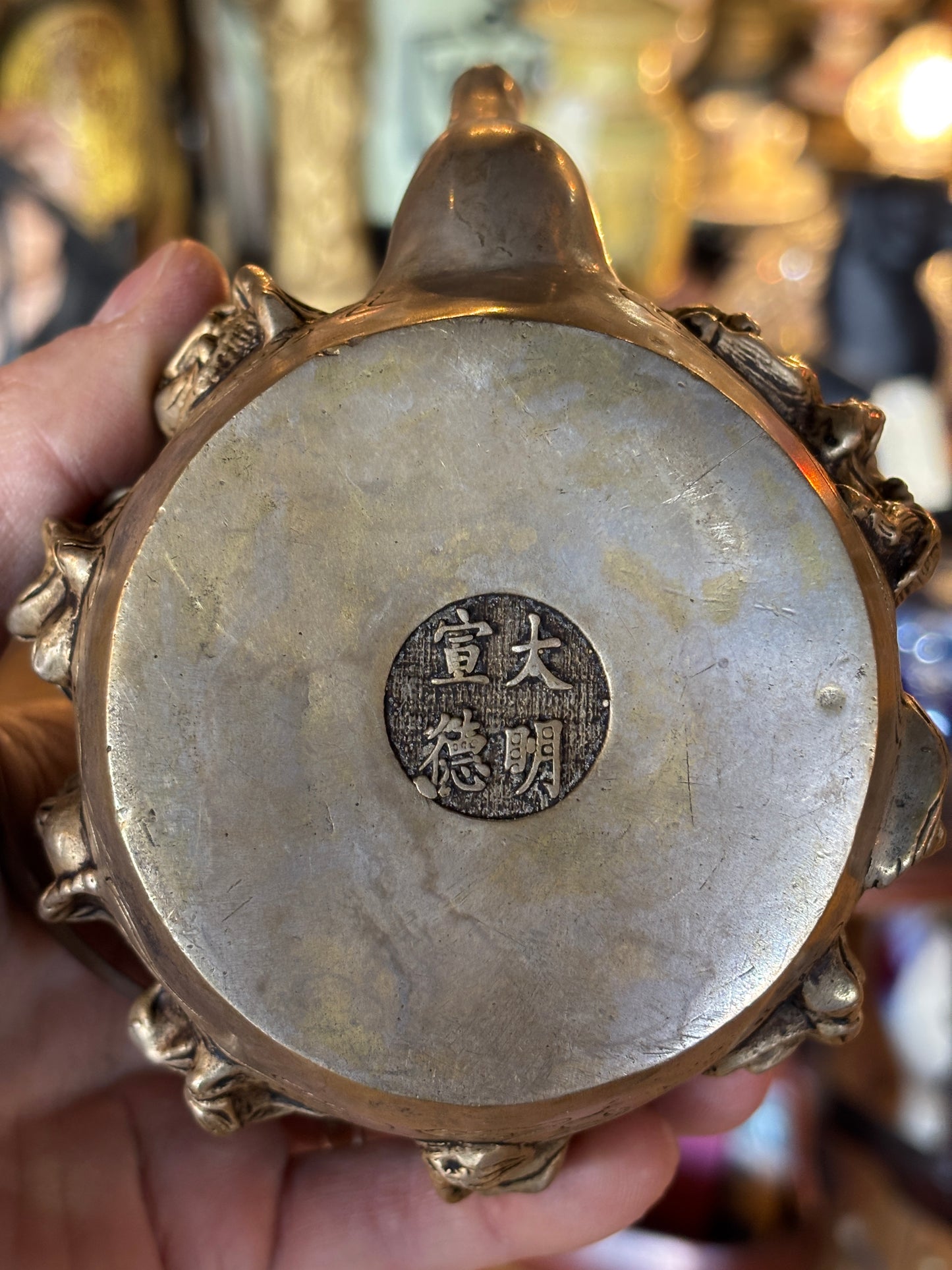 Vintage Chinese Brass Teapot – The Eight Immortals Relief & Coin Lid
