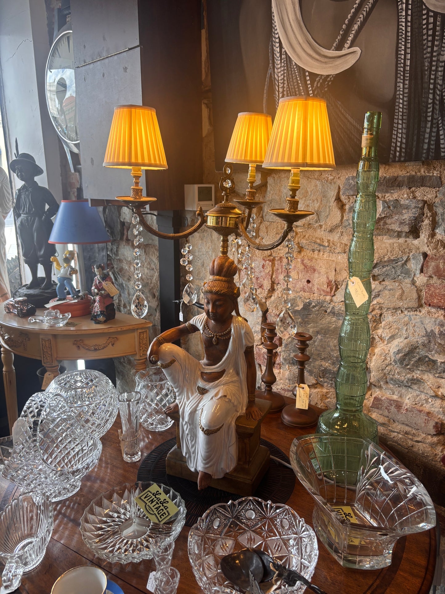 Large Figural Orientalist Table Lamp – Glazed Ceramic & Brass, 3-Light Candelabra, c. 1920s–40s