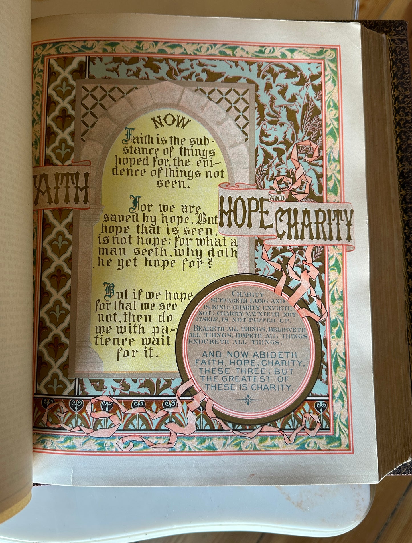 Pronouncing Parallel Bible, 1890s with over 2000 illustrations (some in colour) with indented leather binding