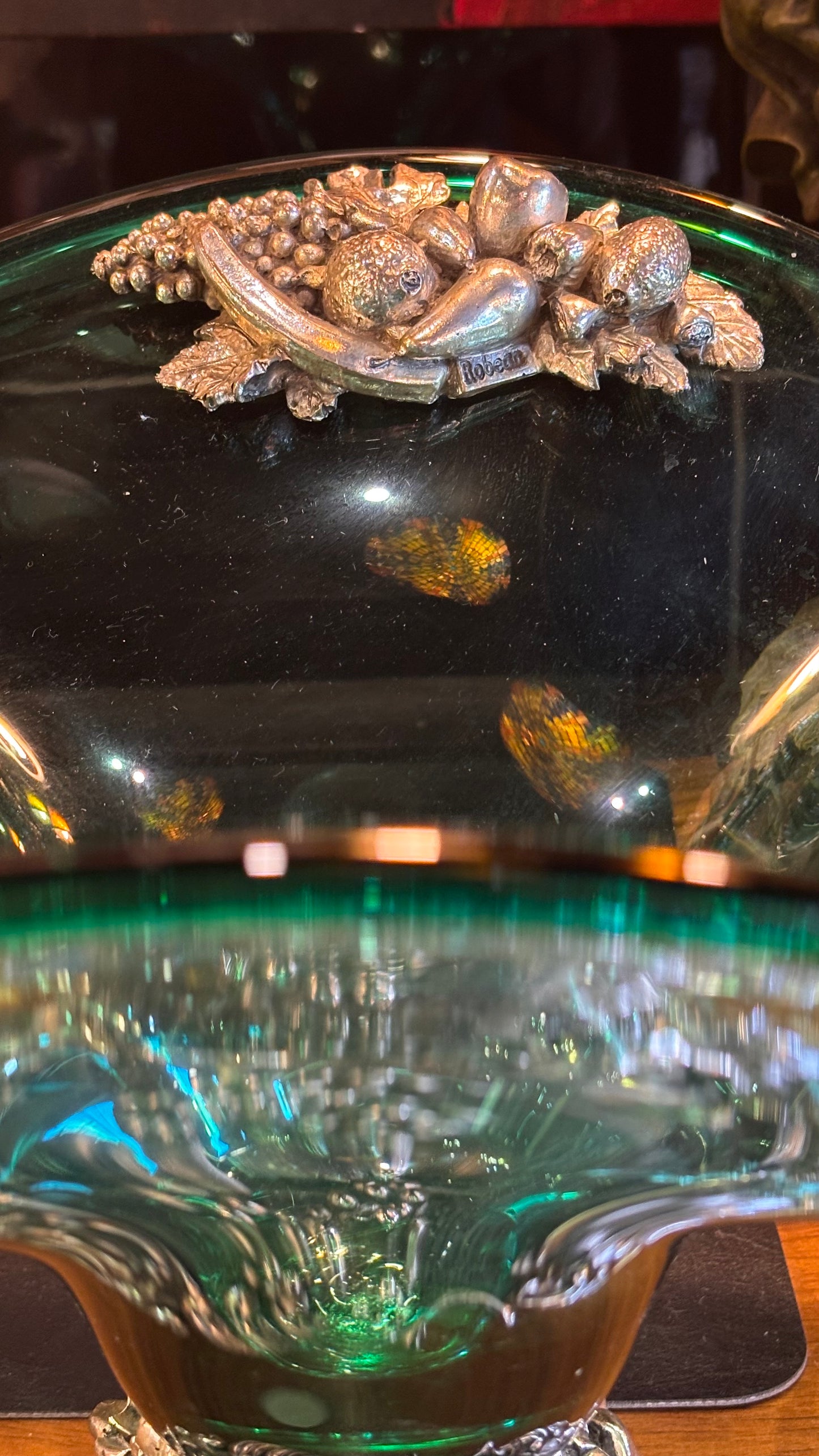 Vintage Italian Green Glass Centerpiece Bowl with Silver Base – Robean – Handcrafted Rococo Style, 35cm