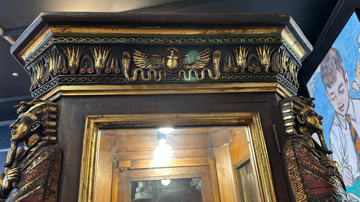 Egyptian Sarcophagus style display cabinet, with glass shelves and interior lighting