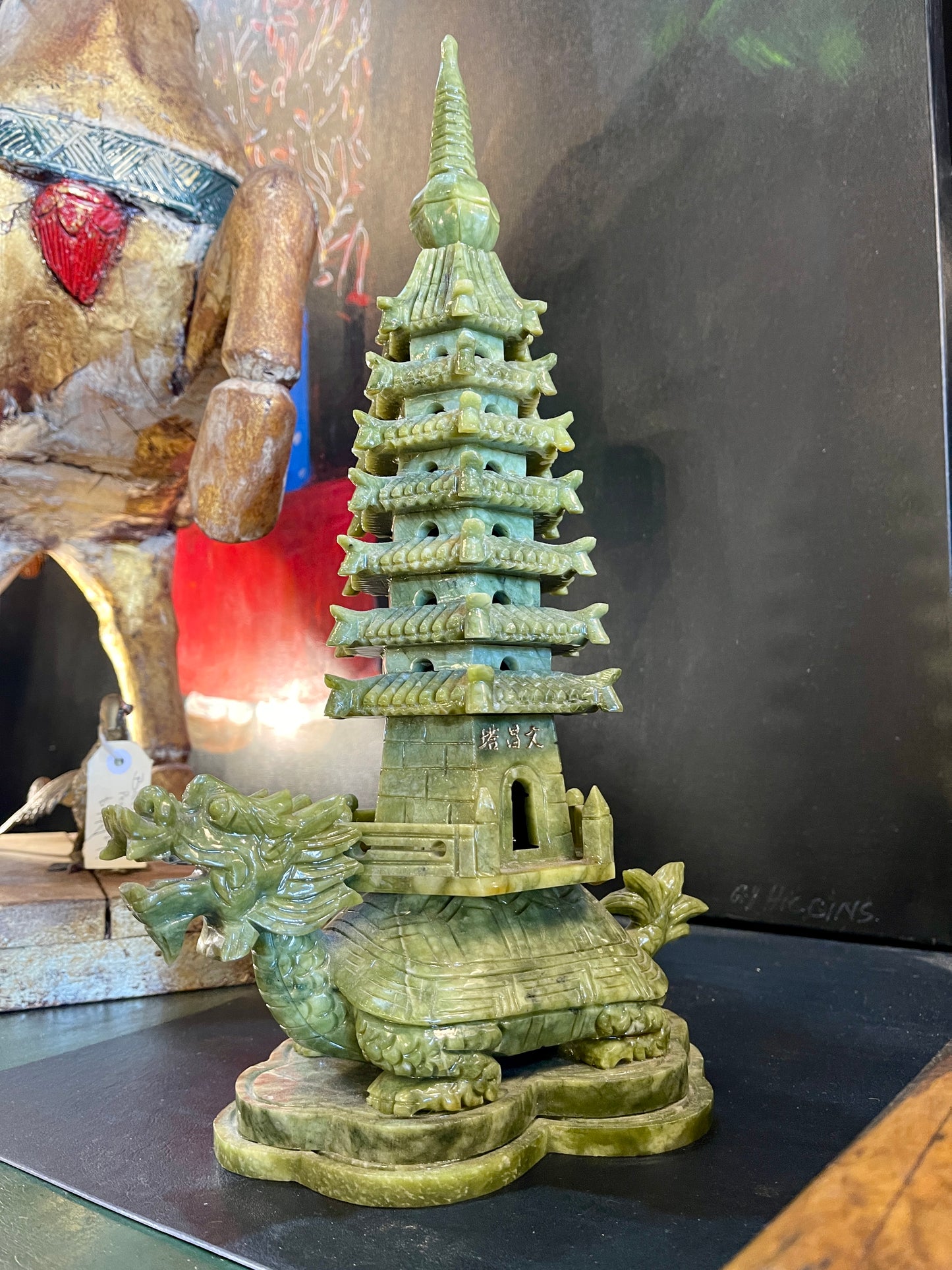 Hand-Carved Natural Jade Pagoda with Dragon Turtle Base – 40cm