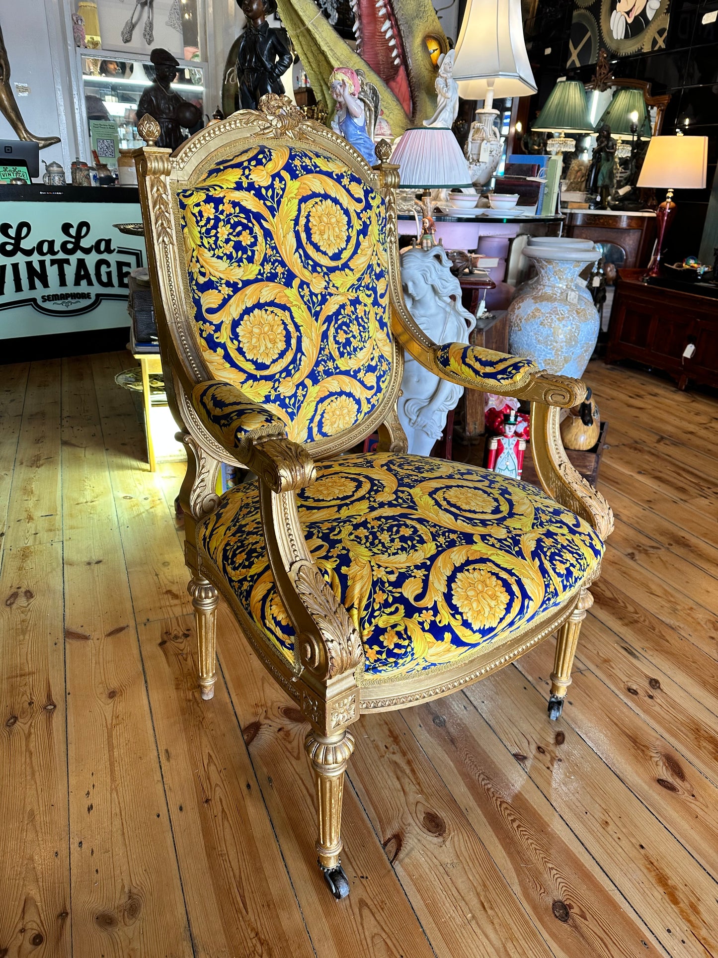 Louis XVI Carved Gilt Framed Armchairs Upholstered with Versace Fabric - Sold Separately