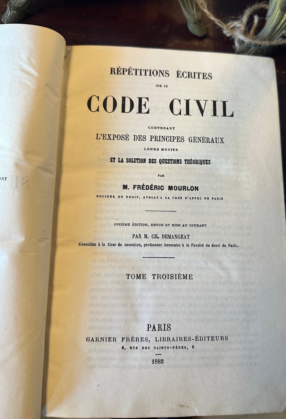 Historical French legal book titled "Répétitions Écrites sur le Code Civil" (Vol 3), 1883 Paris.