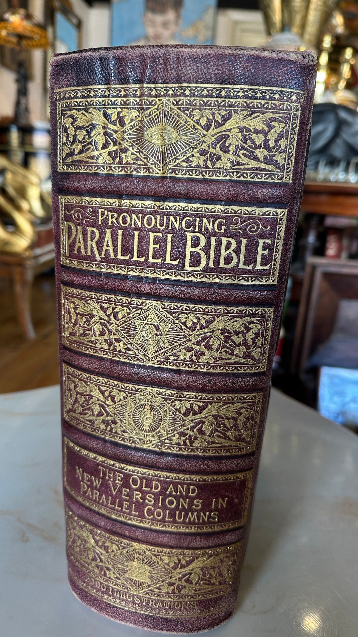 Pronouncing Parallel Bible, 1890s with over 2000 illustrations (some in colour) with indented leather binding