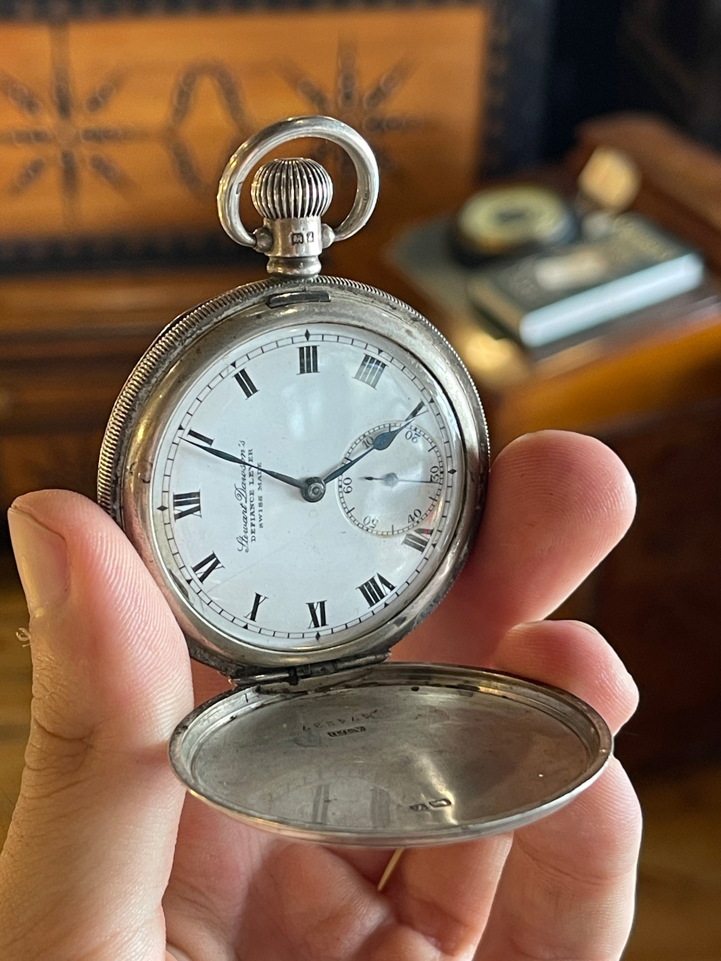 1924 Sterling Silver Stewart Dawson Full Hunter Pocket Watch – Antique Swiss Made