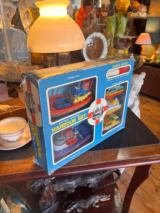 Vintage 1960s Battery Operated Harbour Set with Energy Motor – Boxed Hong Kong Toy Boats