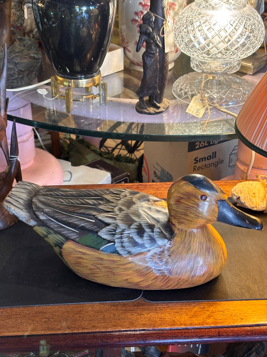Large Hand-Carved Wooden Duck Decoy – 43cm Hand Painted Vintage Bird Sculpture