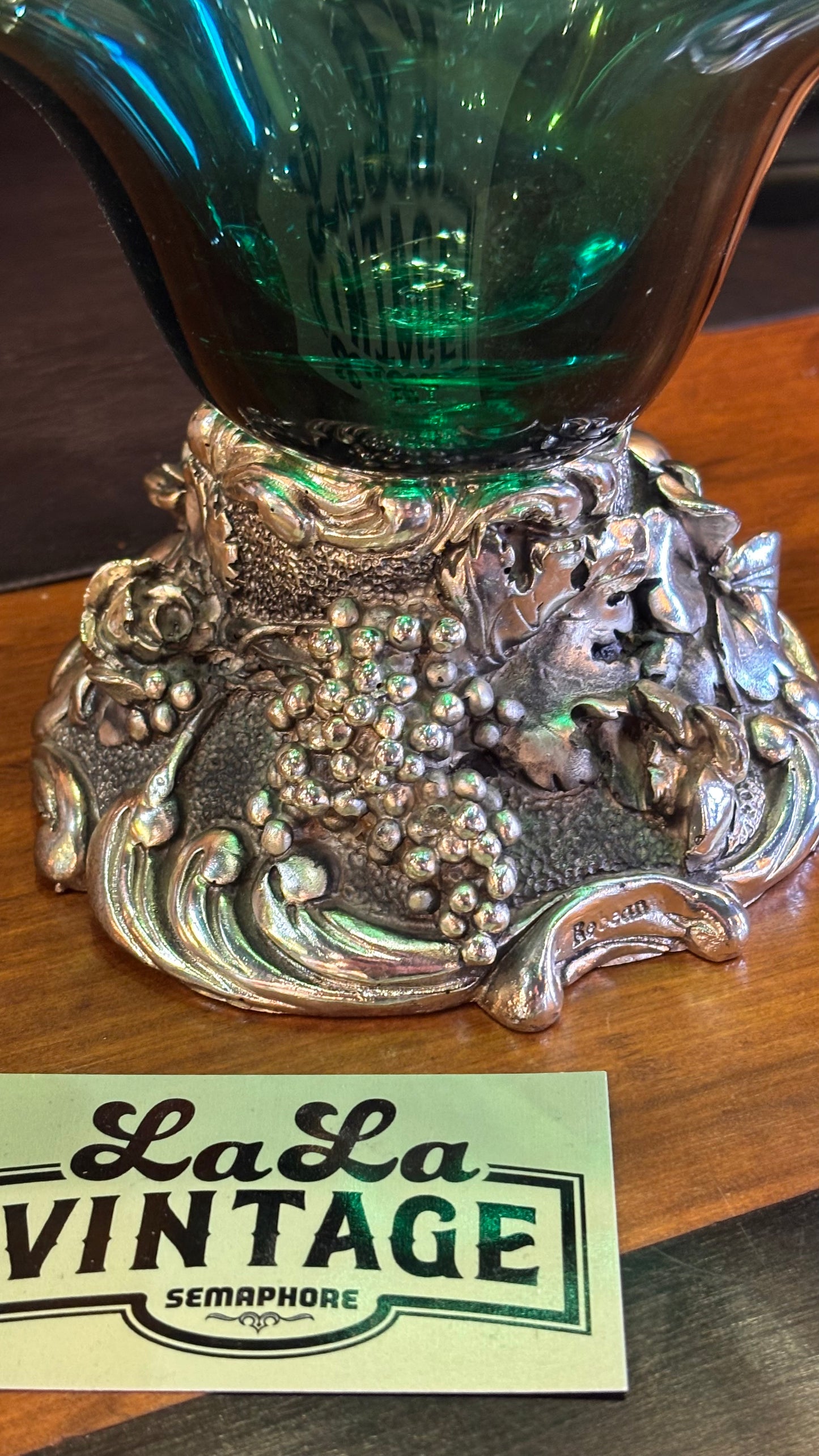 Vintage Italian Green Glass Centerpiece Bowl with Silver Base – Robean – Handcrafted Rococo Style, 35cm