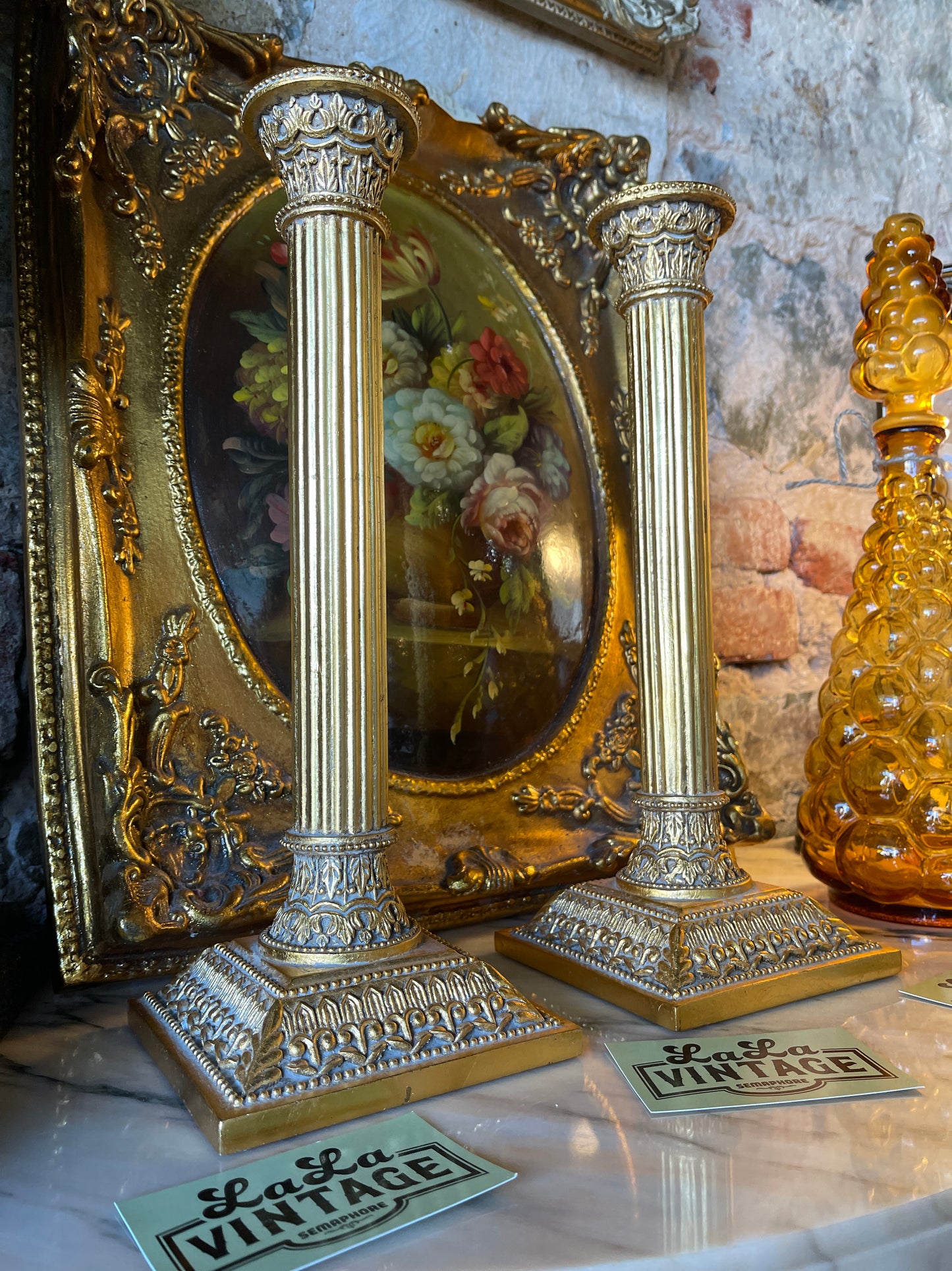 Pair of Ornate Column Candle Holders – Painted Gold