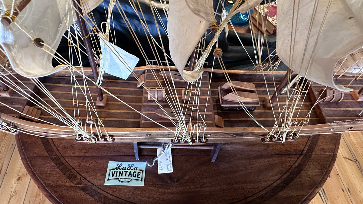 Vintage Five-Masted Barque Tall Ship Model – Large Hand-Built Hardwood Display Model with Cloth Sails, c.1970s–80s