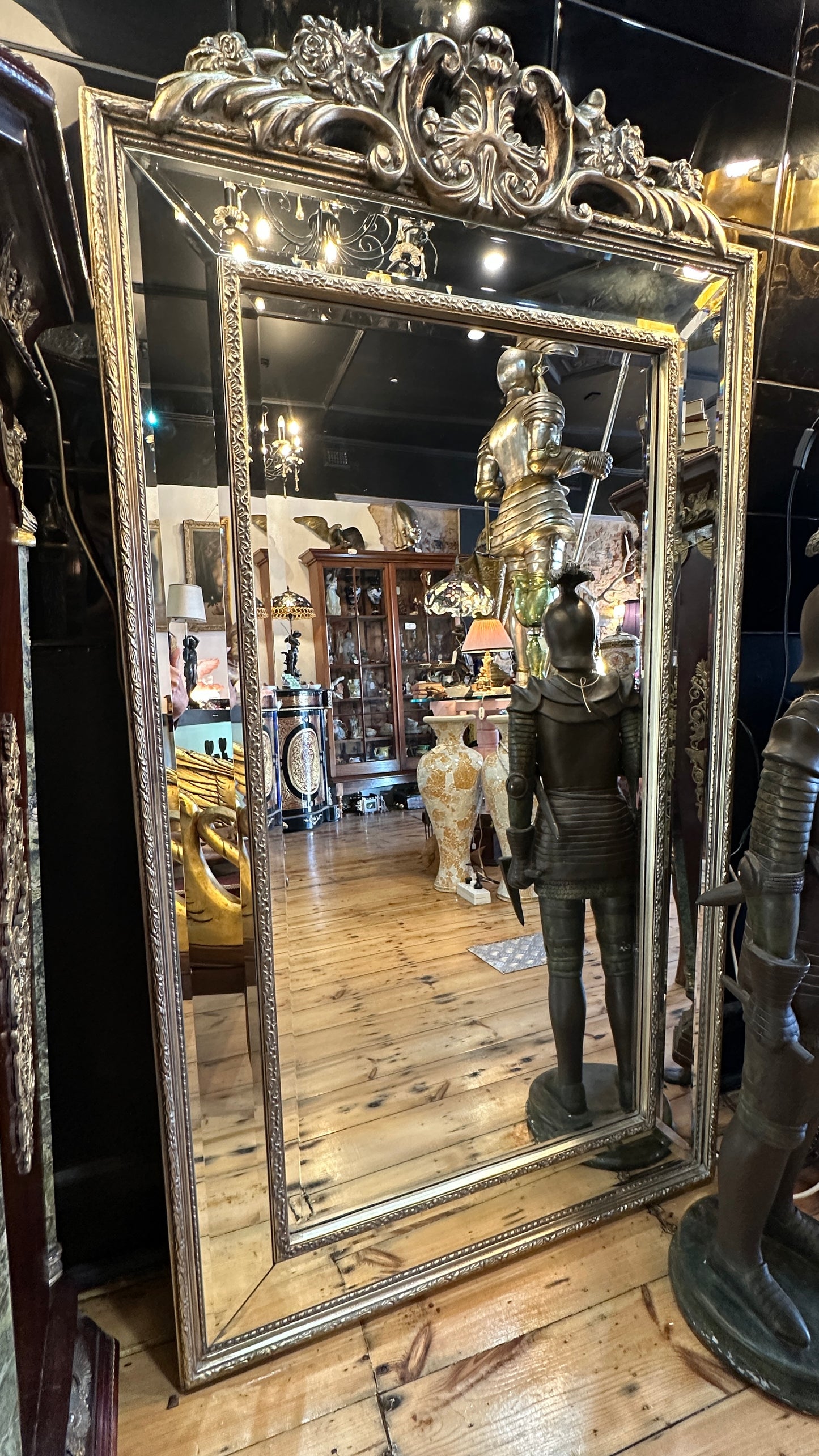 Ornate champagne gilt framed floor mirror