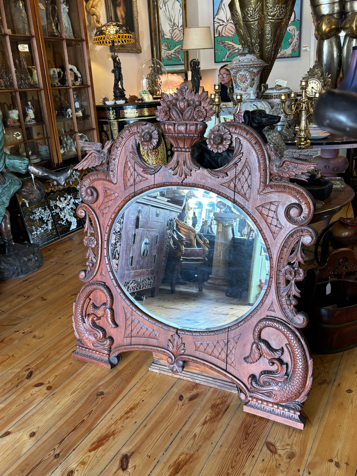 Antique Hand Carved Bird Mirror with Fish | Continental Baroque Revival c.1900 | 124cm