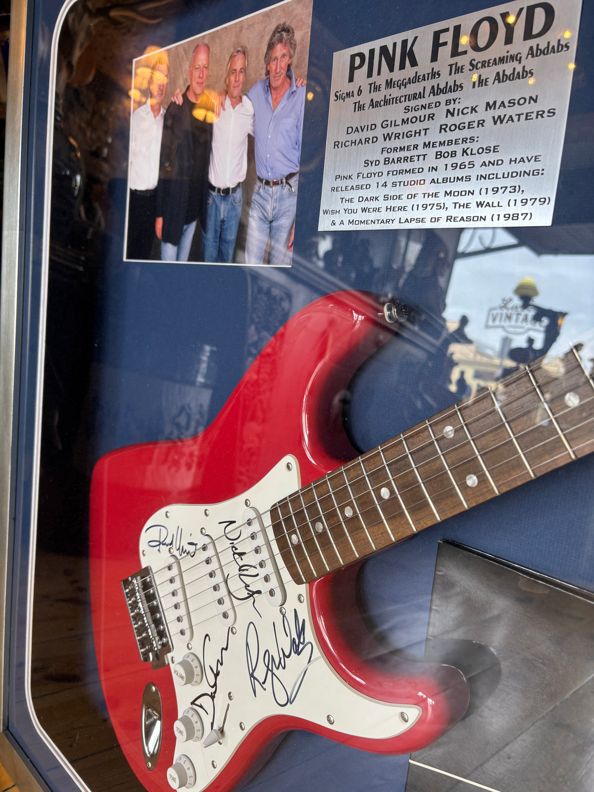 Pink Floyd Signed Guitar Display – Framed Squier Stratocaster with Dark Side of the Moon LP & COA | La La Vintage